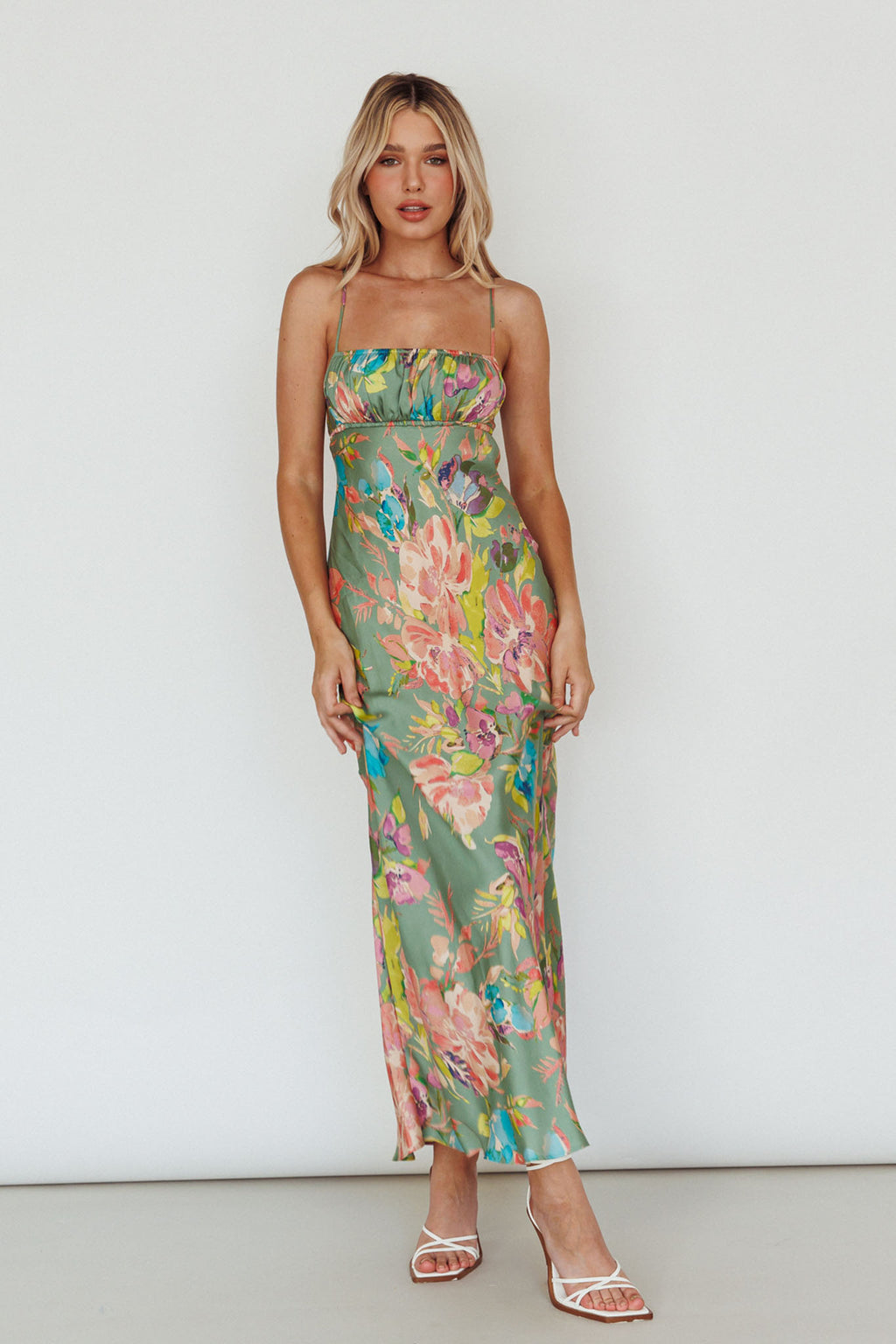 From Above V-Back Midi Dress Floral Green by Selfie Leslie