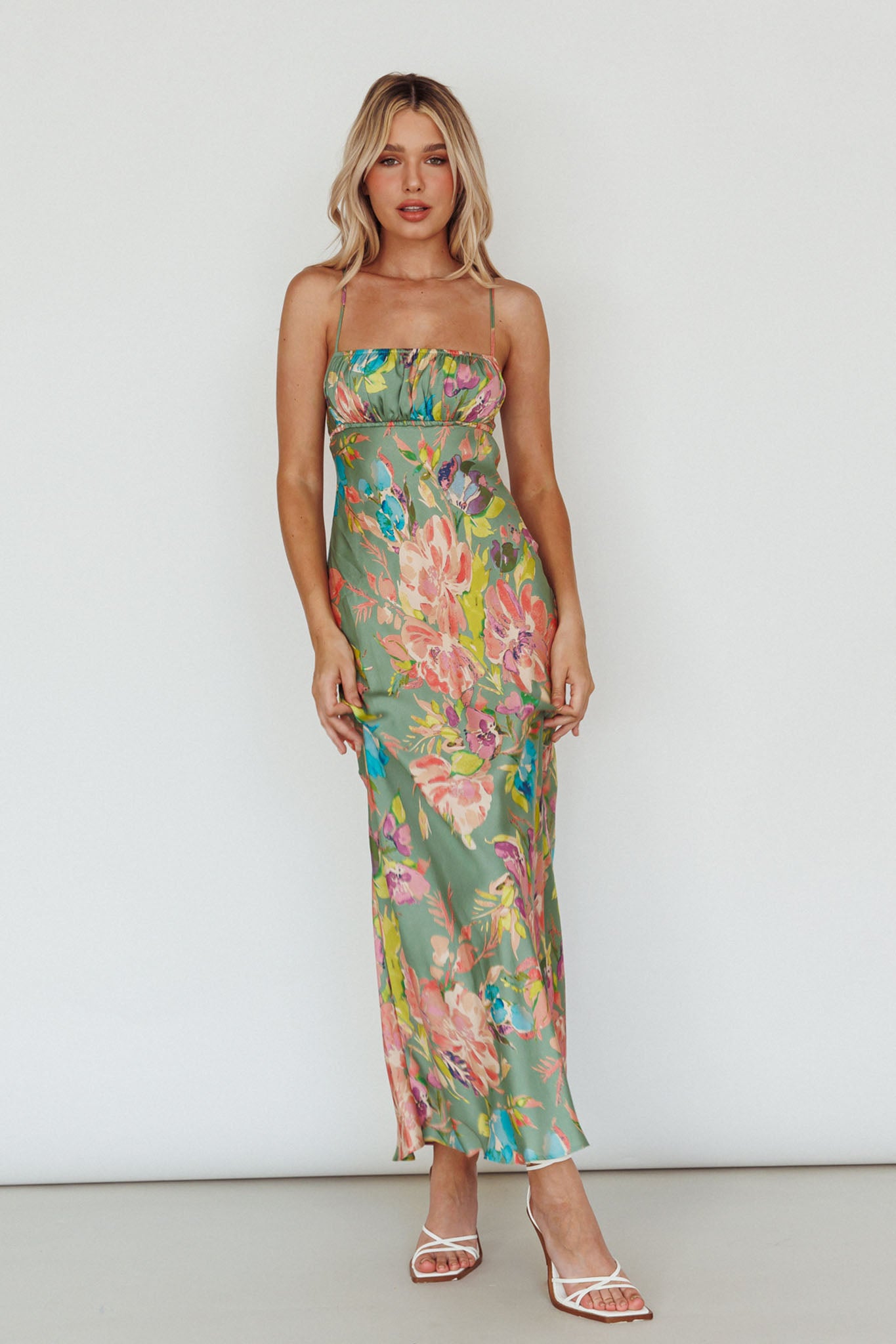 From Above V-Back Midi Dress Floral Green by Selfie Leslie