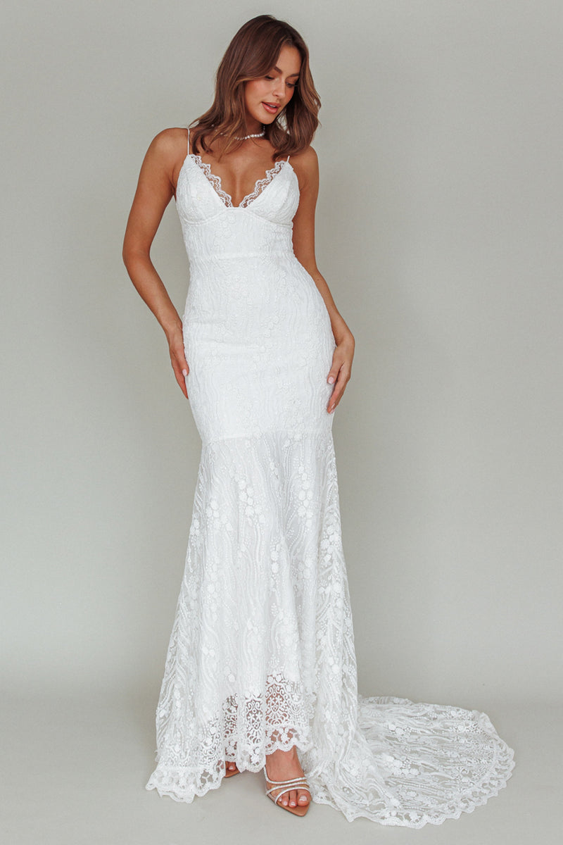 Long Sleeve Lace Trim Maxi Dress White