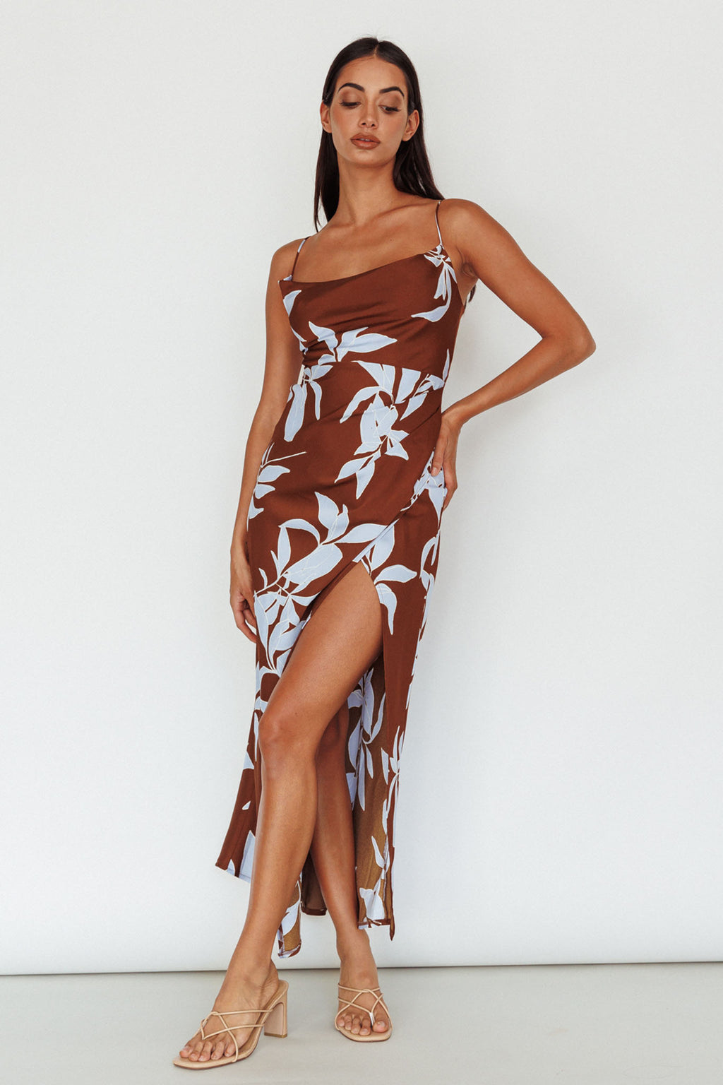 Morea Cowl Neck Maxi Dress Floral Brown by Selfie Leslie