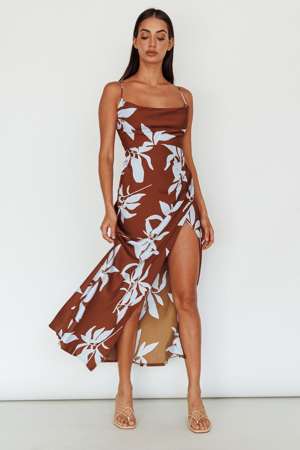 Morea Cowl Neck Maxi Dress Floral Brown by Selfie Leslie
