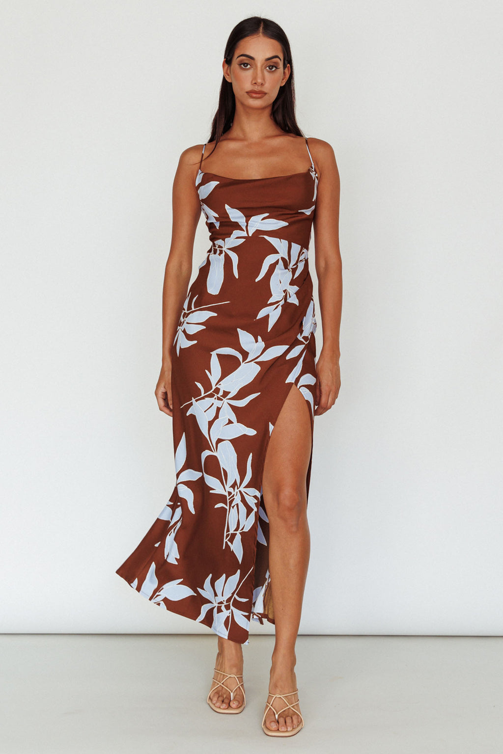 Morea Cowl Neck Maxi Dress Floral Brown by Selfie Leslie
