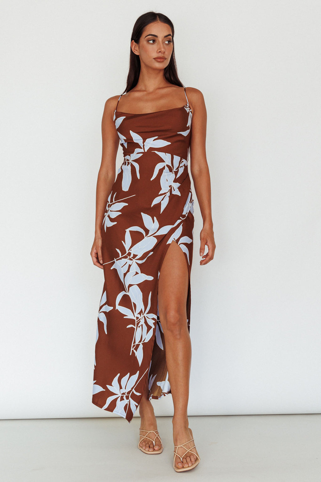 Morea Cowl Neck Maxi Dress Floral Brown by Selfie Leslie