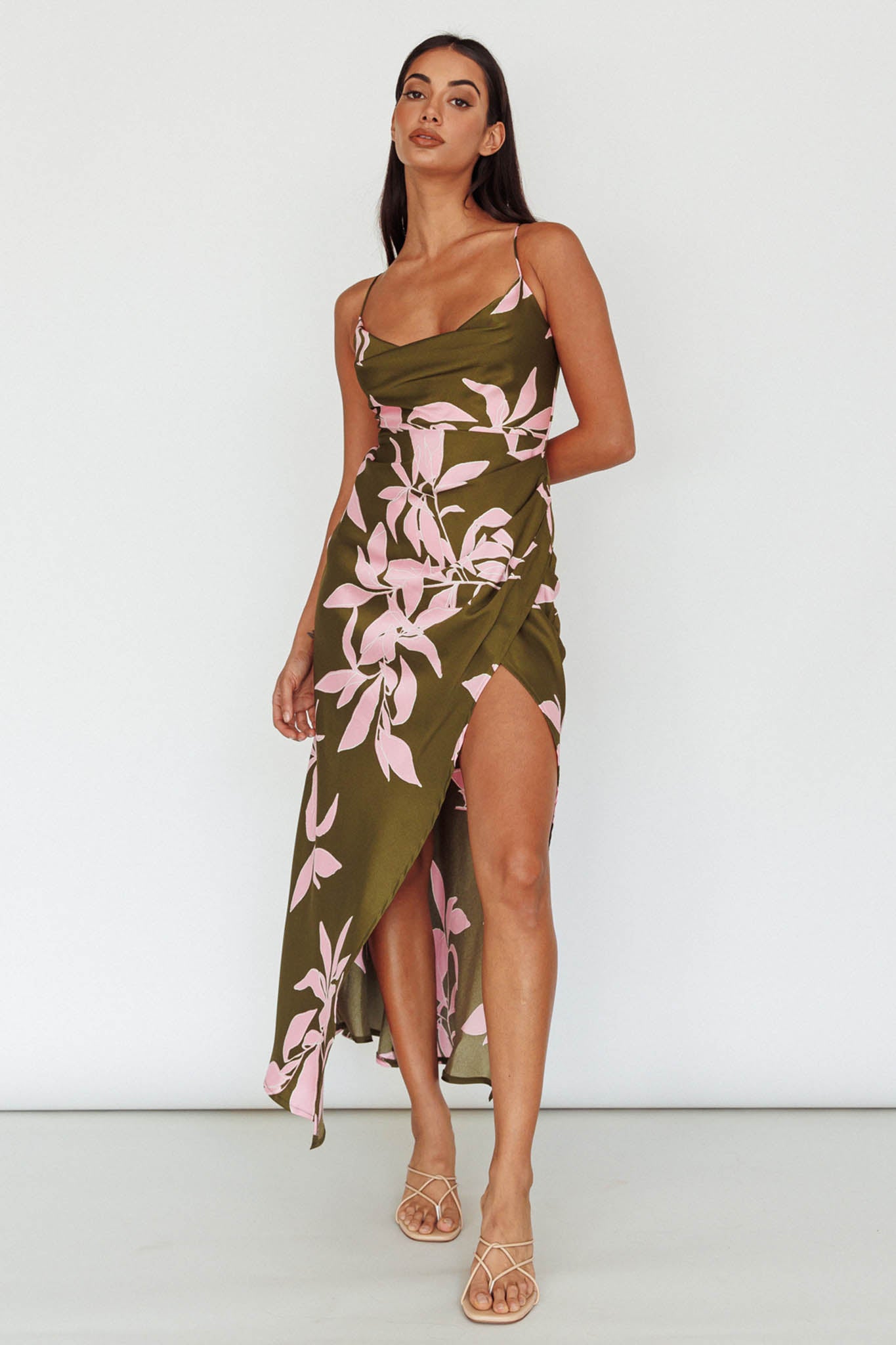 Morea Cowl Neck Maxi Dress Floral Green by Selfie Leslie