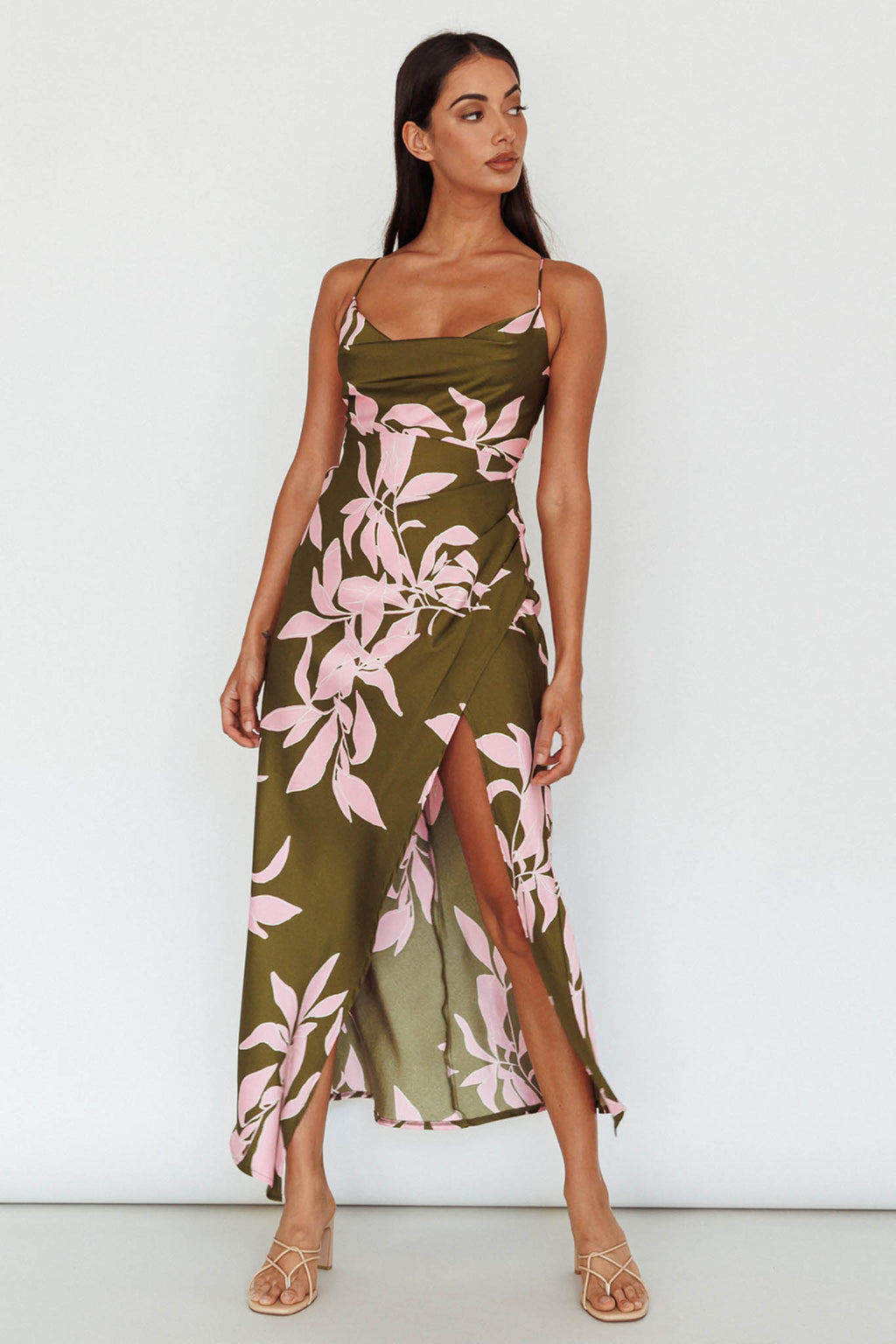 Morea Cowl Neck Maxi Dress Floral Green by Selfie Leslie