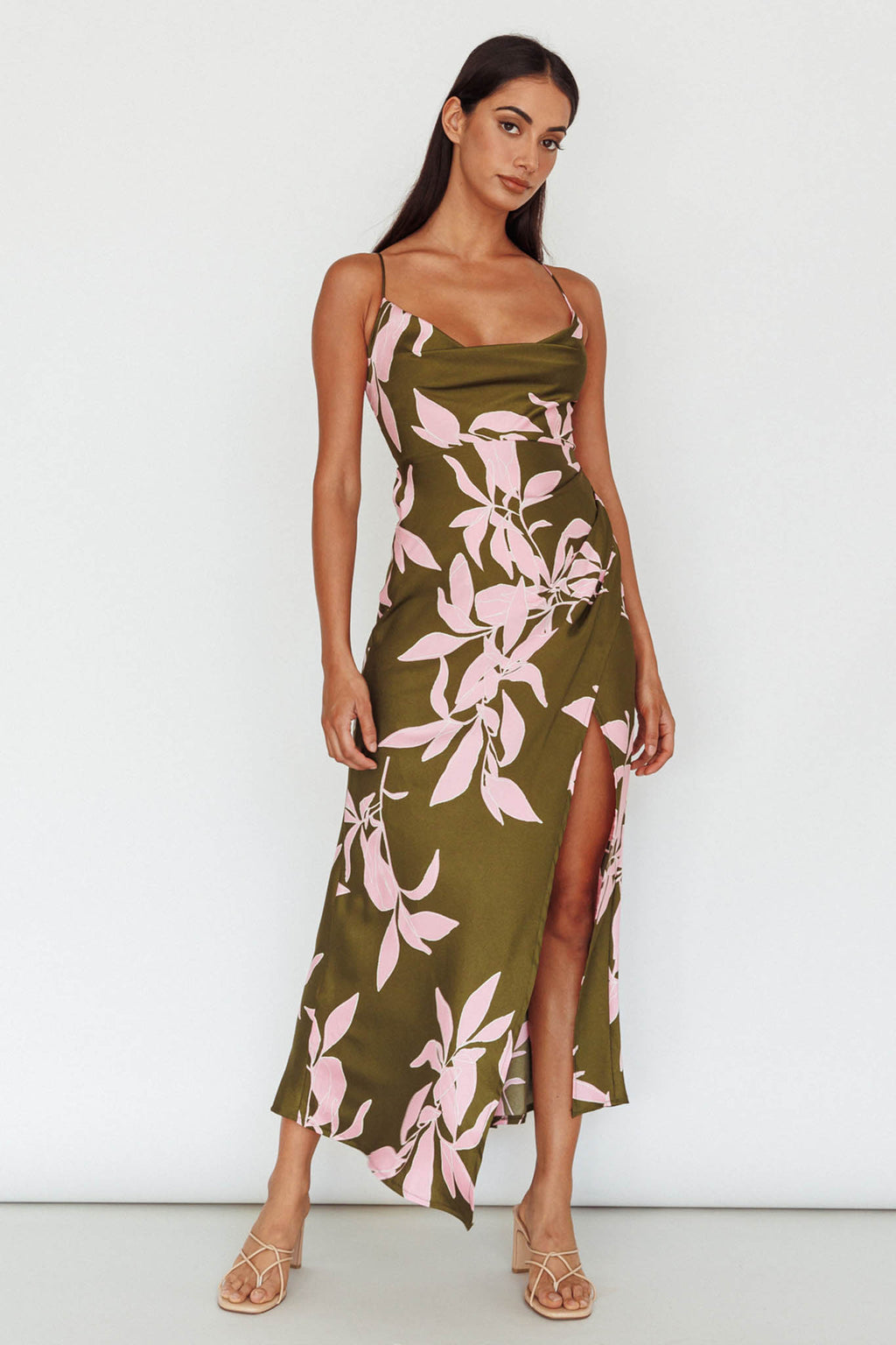 Morea Cowl Neck Maxi Dress Floral Green by Selfie Leslie