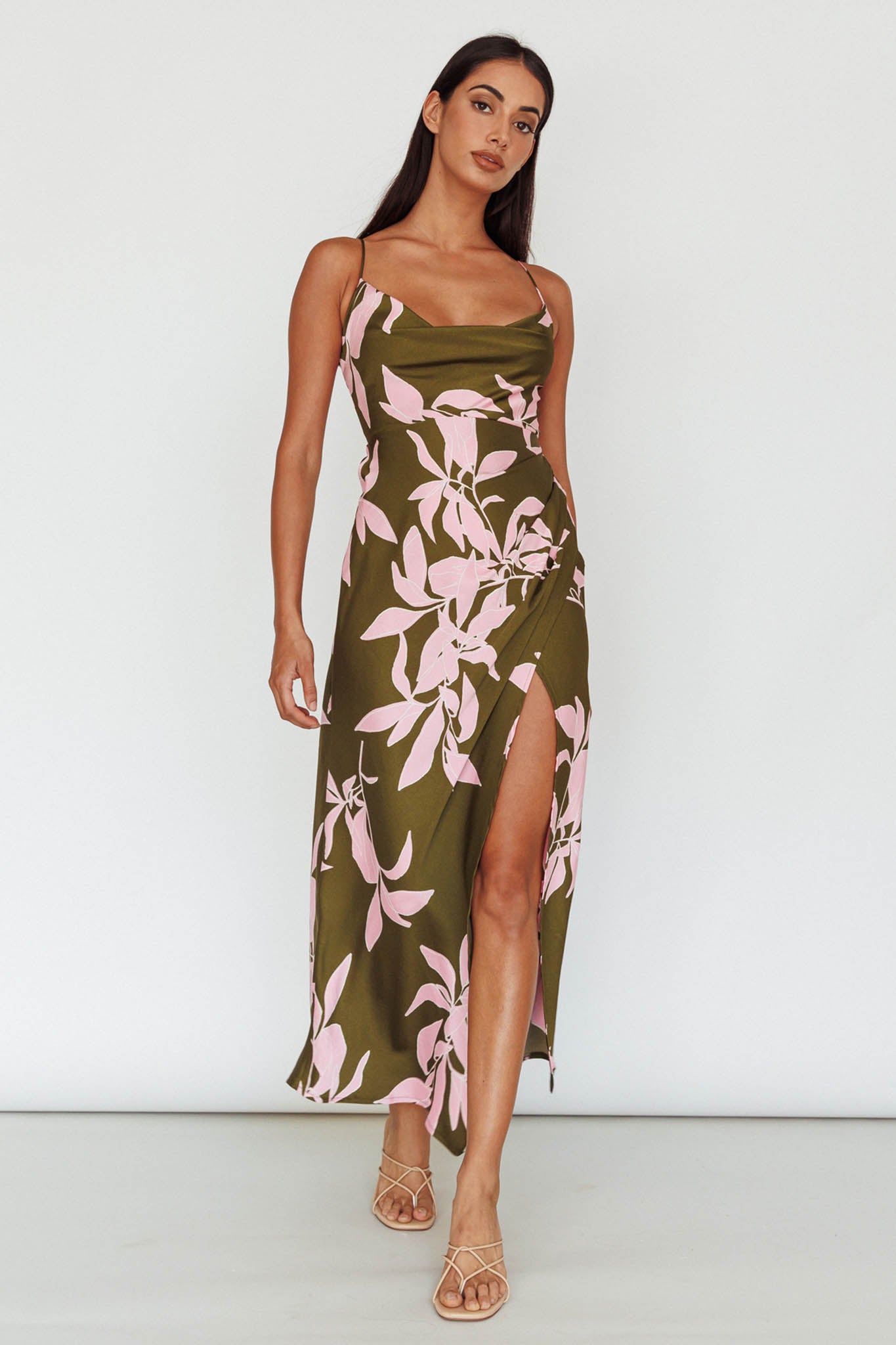 Morea Cowl Neck Maxi Dress Floral Green by Selfie Leslie