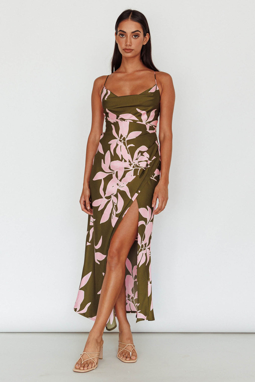 Morea Cowl Neck Maxi Dress Floral Green by Selfie Leslie