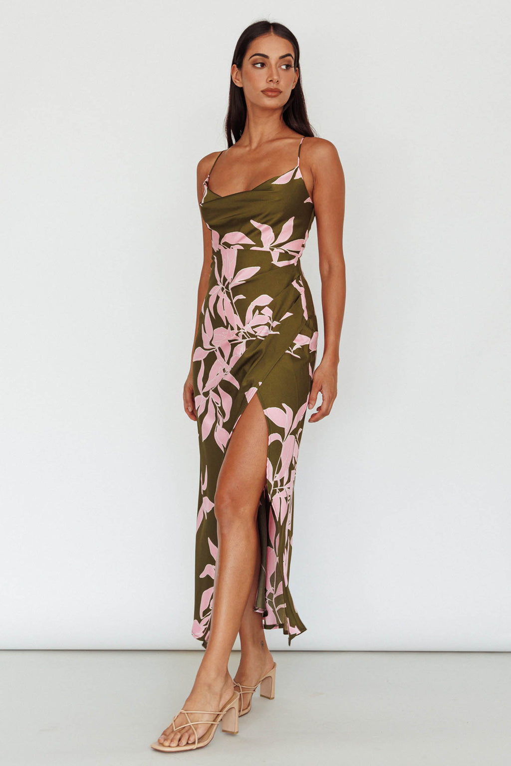 Morea Cowl Neck Maxi Dress Floral Green by Selfie Leslie