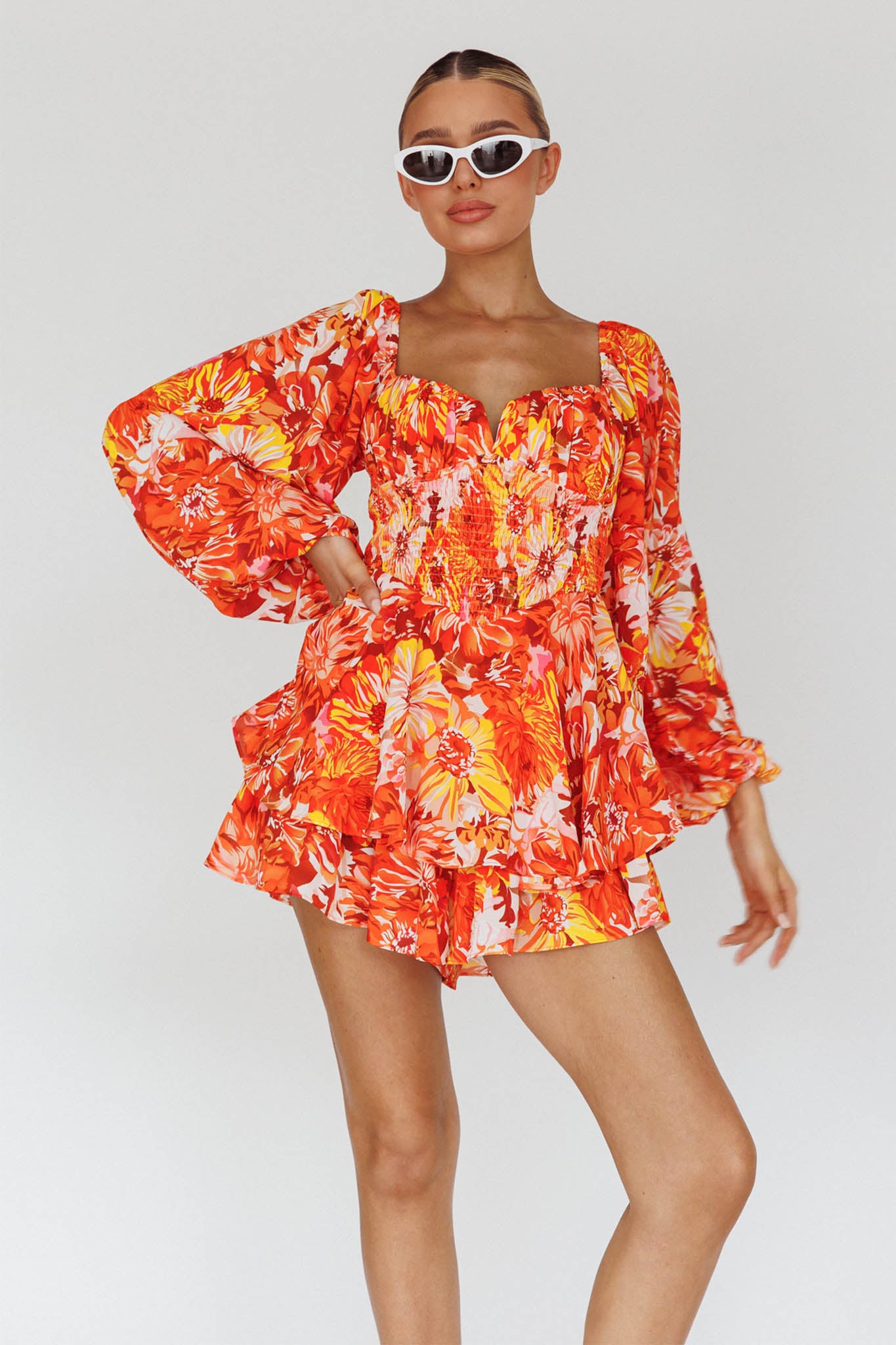 Evanice Shirred Waist Romper Floral Yellow by Selfie Leslie