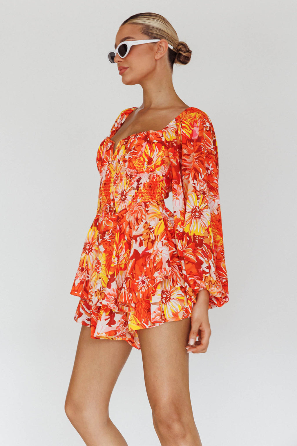 Evanice Shirred Waist Romper Floral Yellow by Selfie Leslie