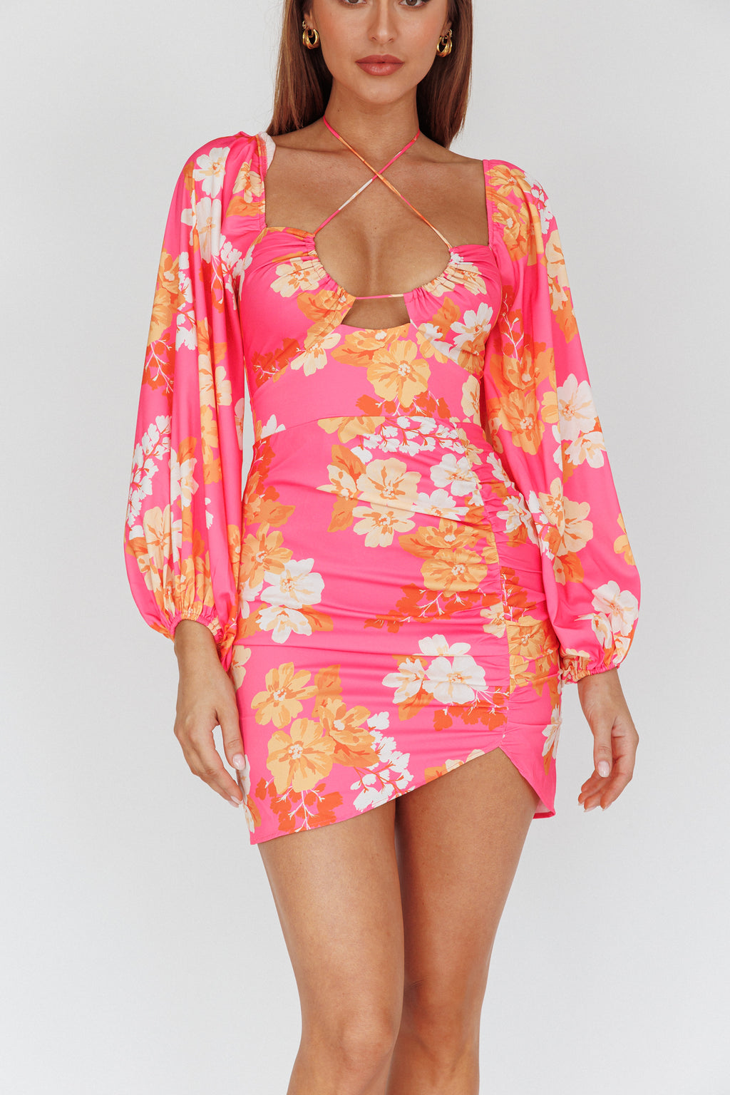 Fly Away Drawstring Bust Dress Floral Pink by Selfie Leslie