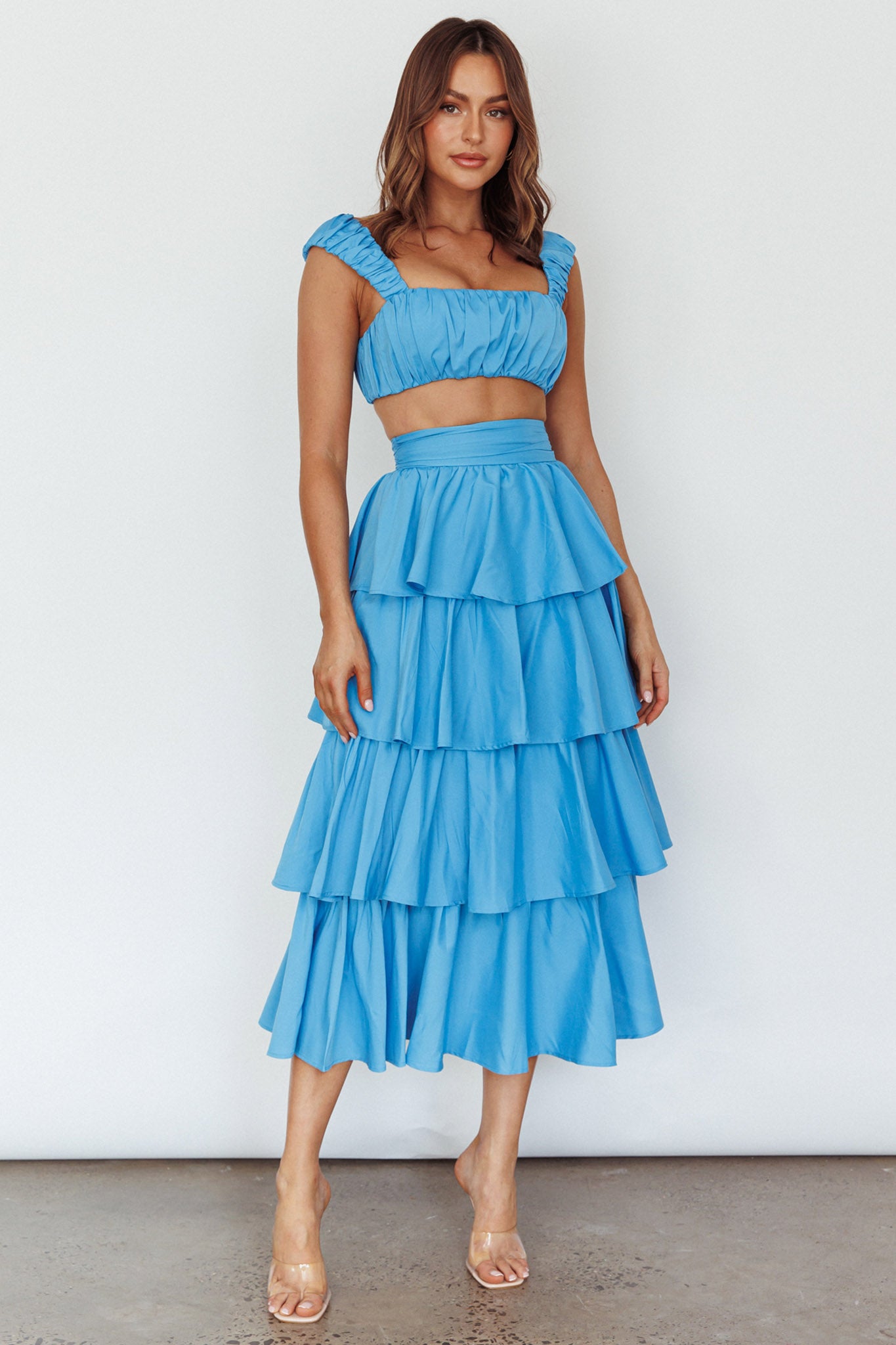 Suenito Tiered Frill Maxi Skirt Blue by Selfie Leslie