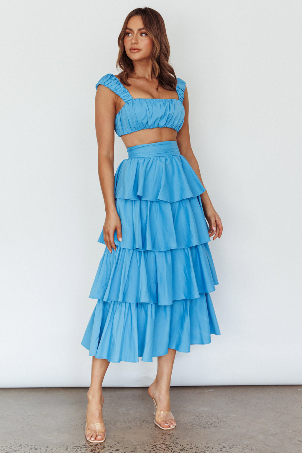 Suenito Tiered Frill Maxi Skirt Blue by Selfie Leslie
