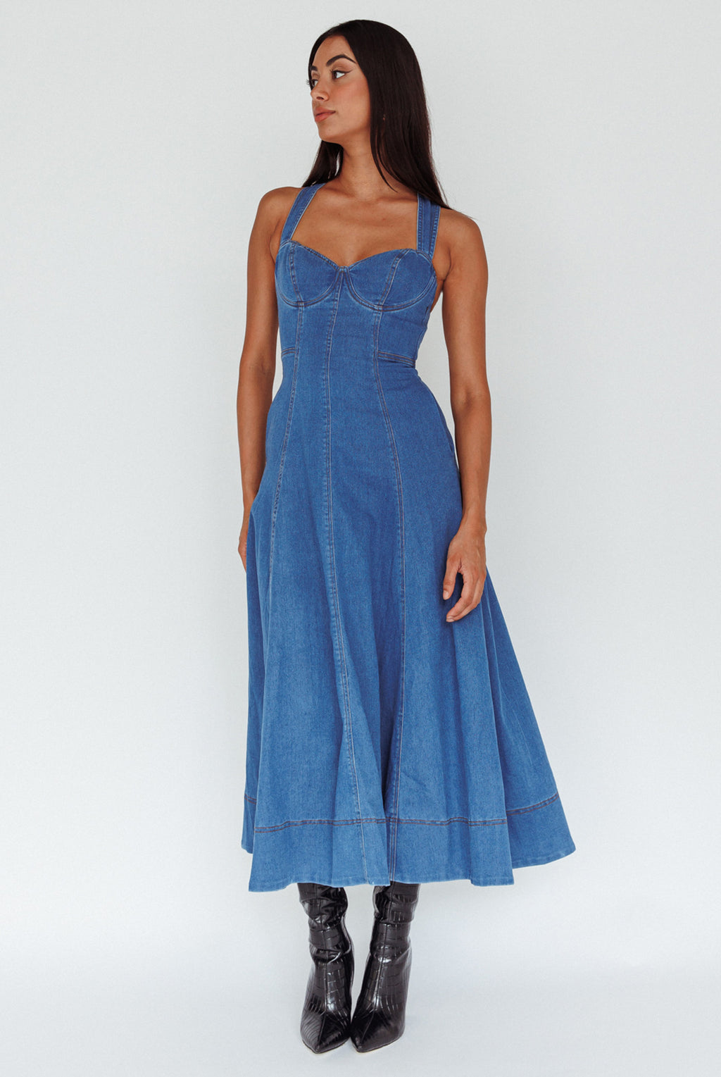 Ellora Criss-Cross Back Denim Maxi Dress Navy by Selfie Leslie