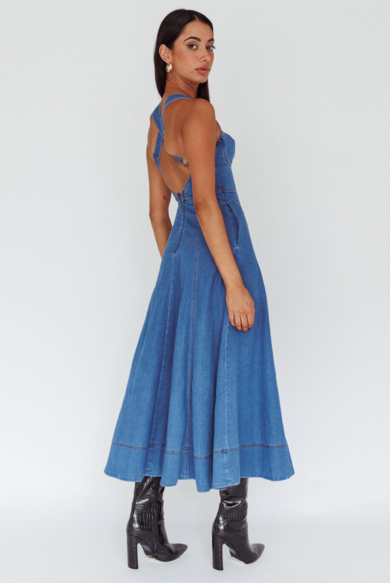 white christmas dresses Ellora Criss-Cross Back Denim Maxi Dress Navy– Selfie Leslie