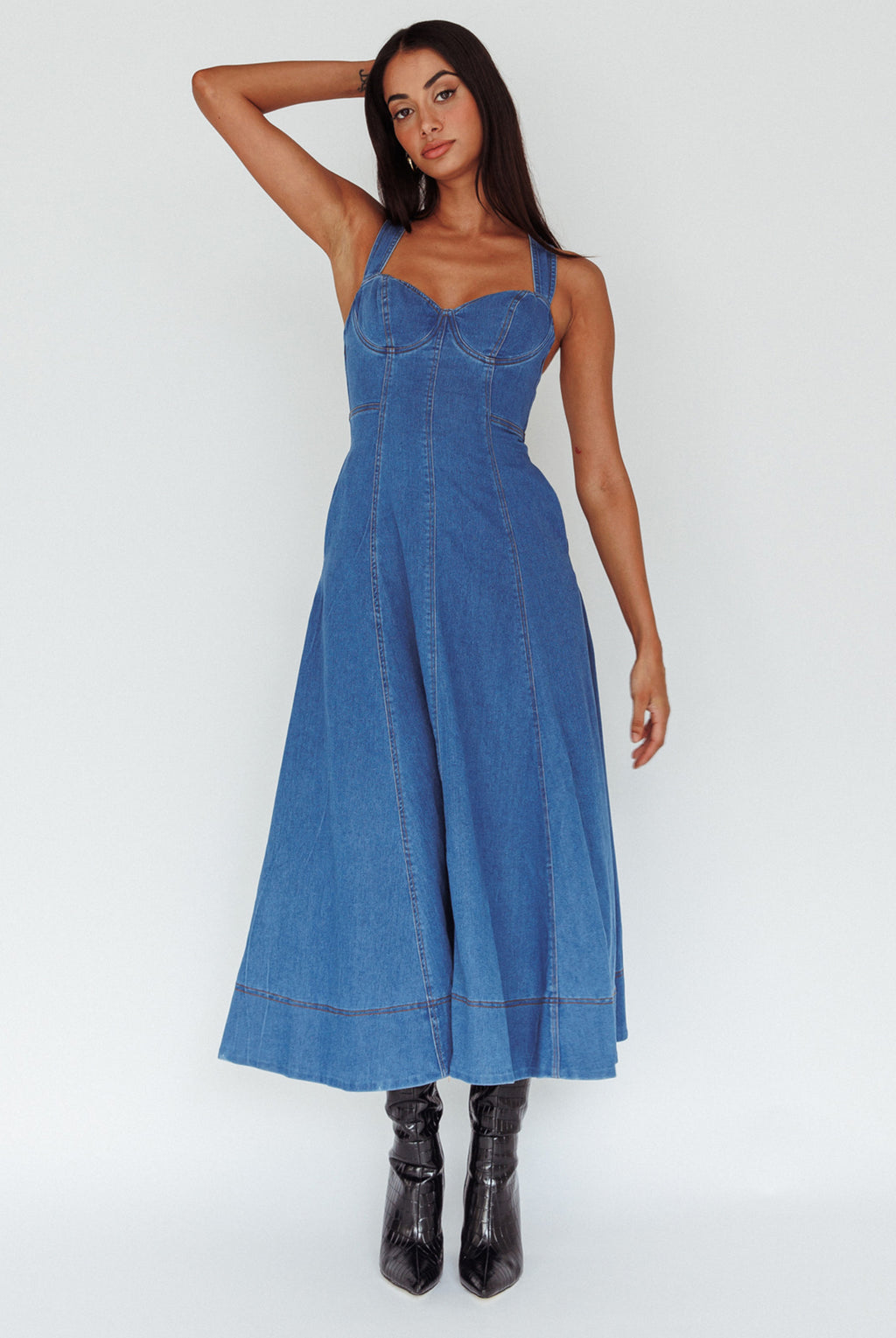 Ellora Criss-Cross Back Denim Maxi Dress Navy | Selfie Leslie