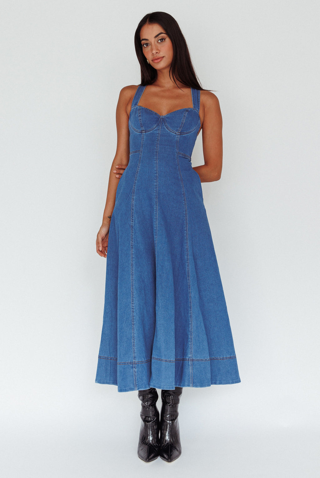 white christmas dresses Ellora Criss-Cross Back Denim Maxi Dress Navy– Selfie Leslie