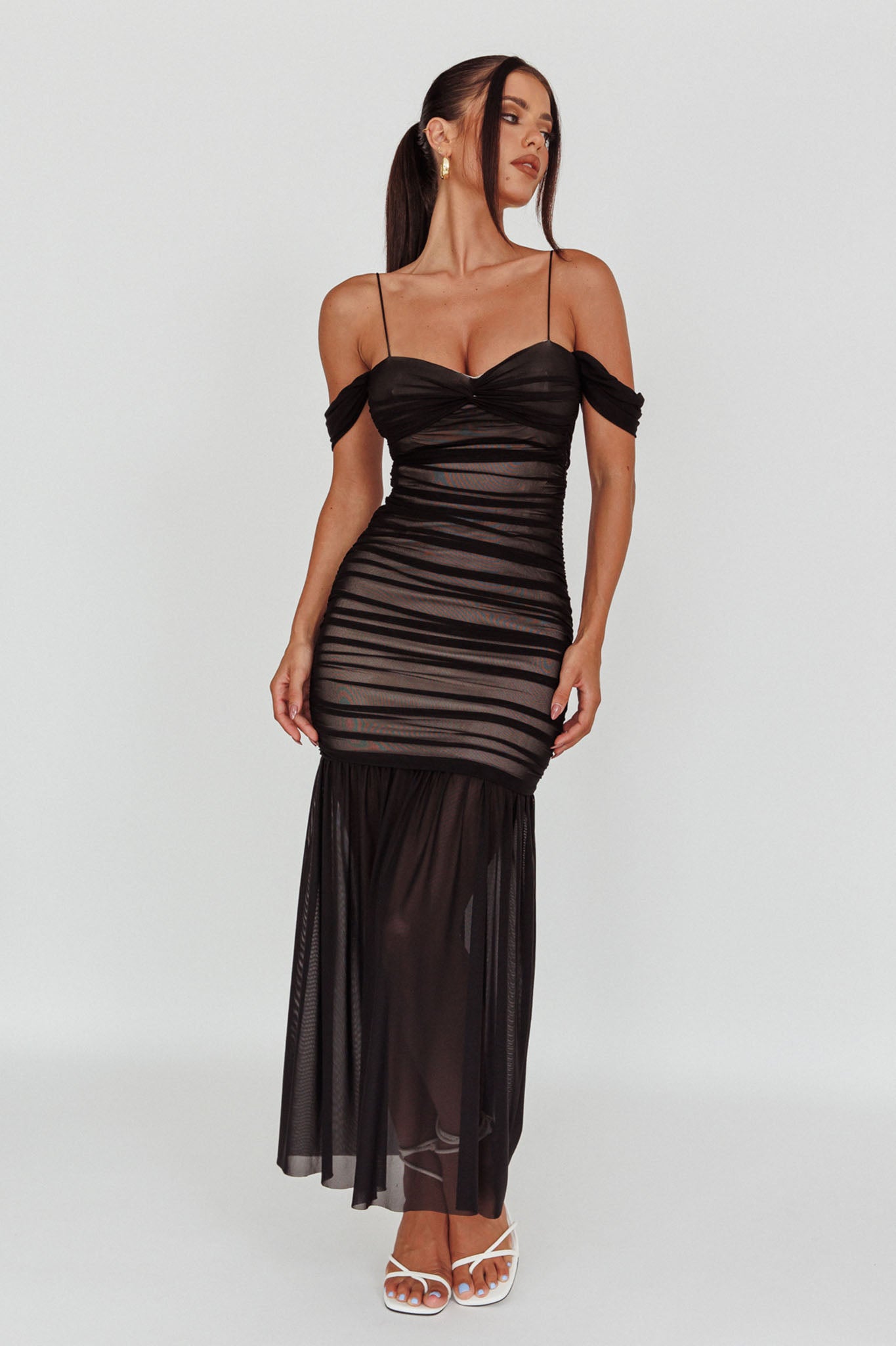 La Salle Ruched Mesh Maxi Dress Black by Selfie Leslie