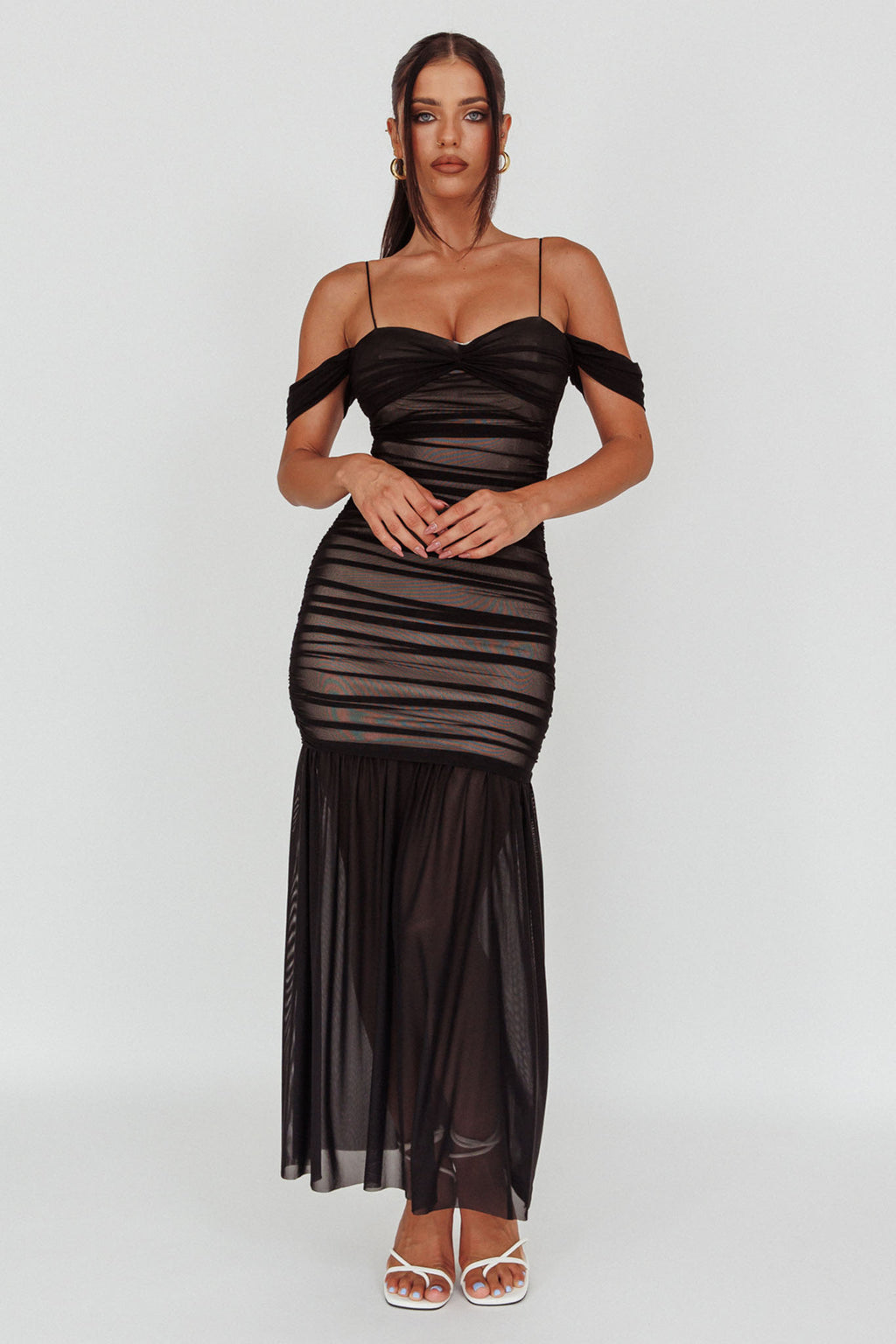 La Salle Ruched Mesh Maxi Dress Black by Selfie Leslie