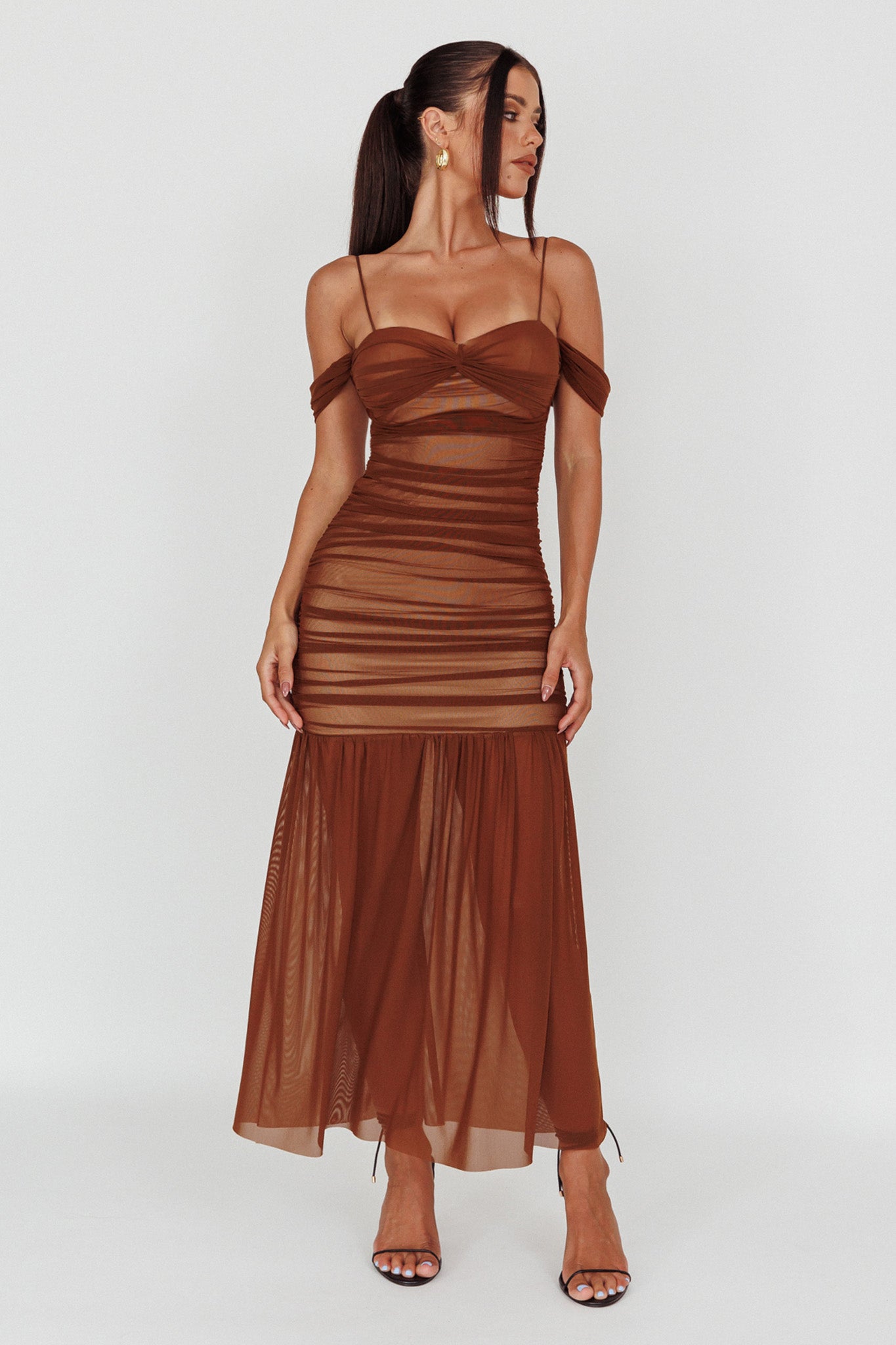 La Salle Ruched Mesh Maxi Dress Chocolate by Selfie Leslie