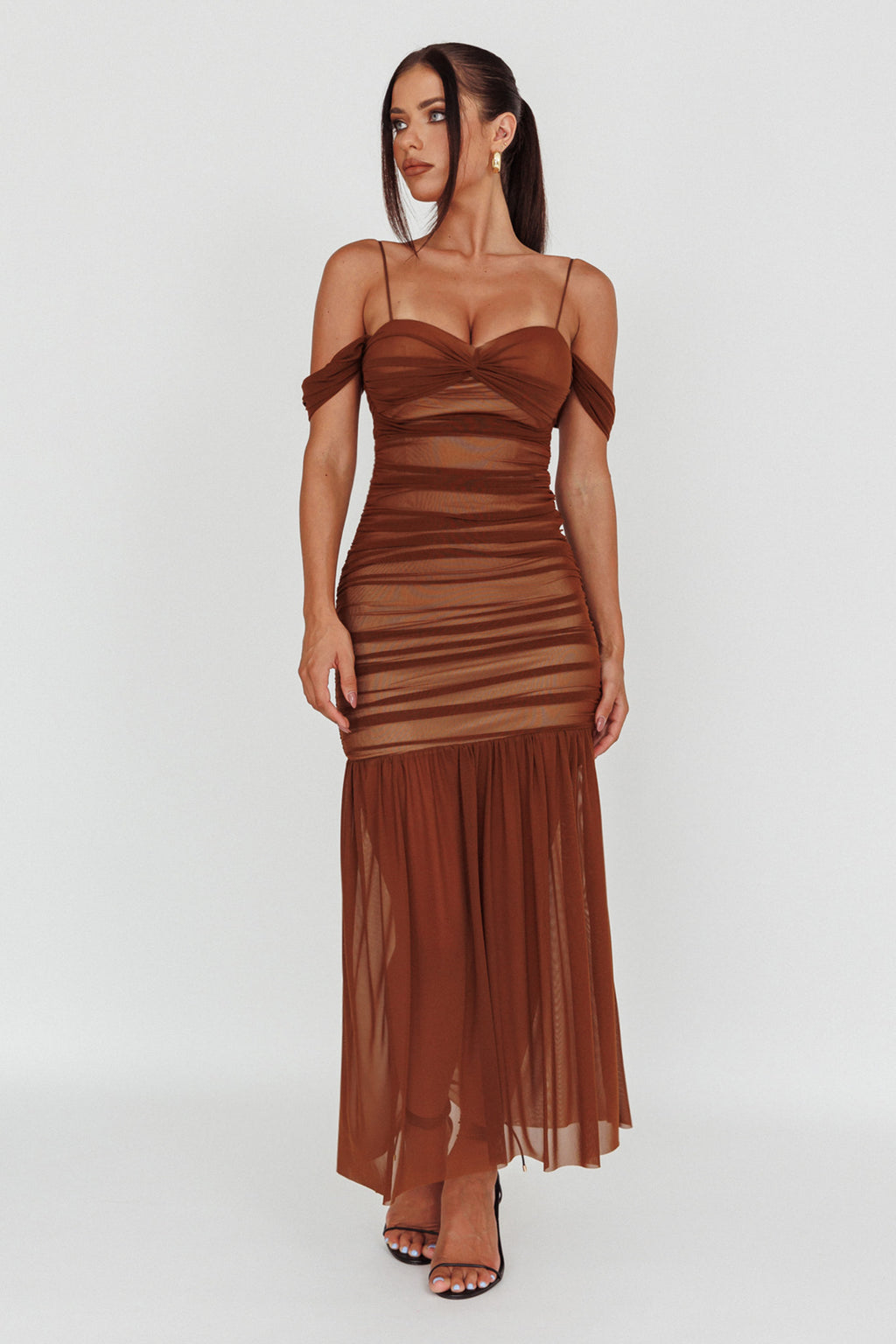 La Salle Ruched Mesh Maxi Dress Chocolate by Selfie Leslie
