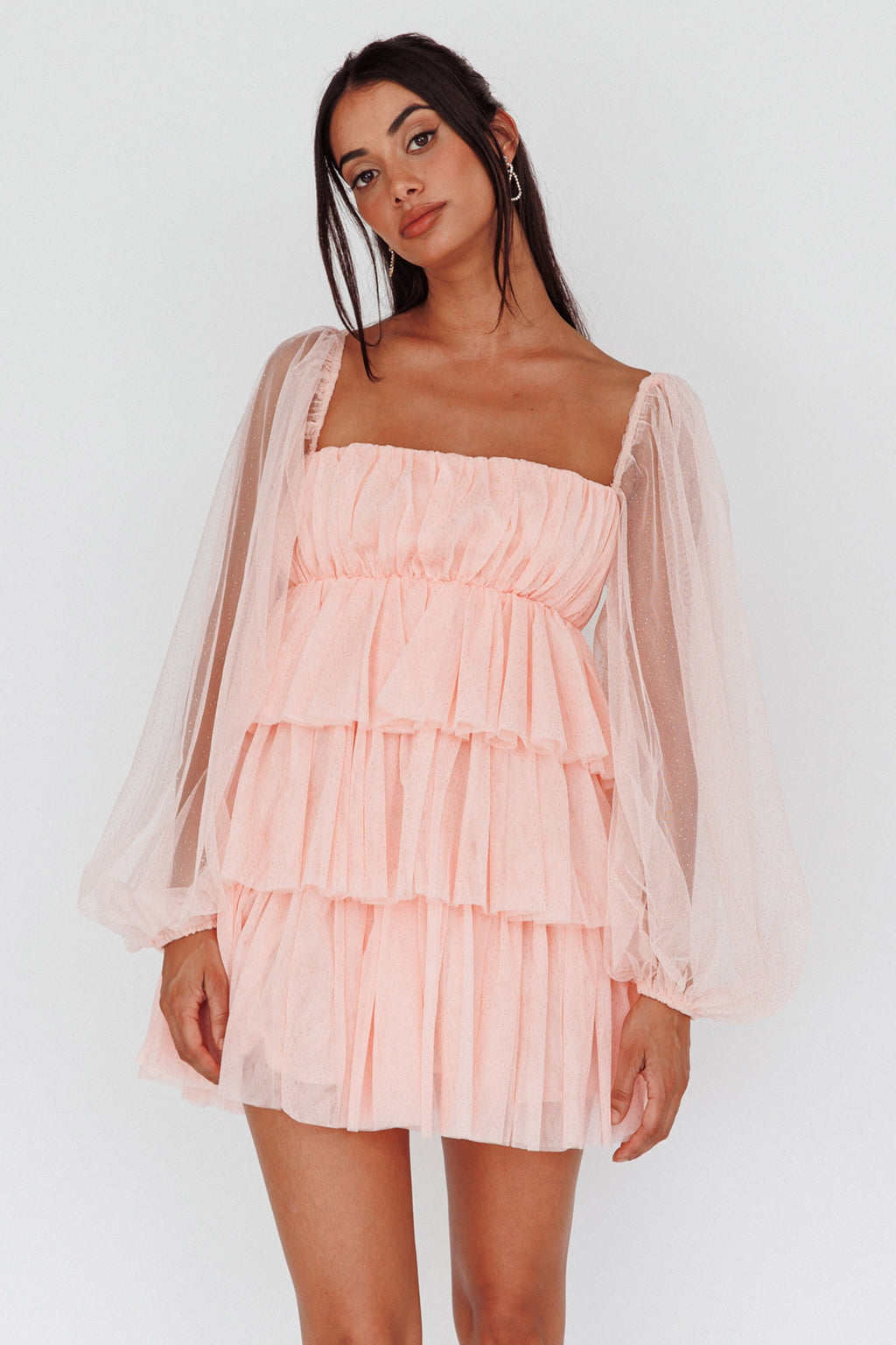 Spring Morning Long Sleeve Tiered Mini Dress Pink by Selfie Leslie