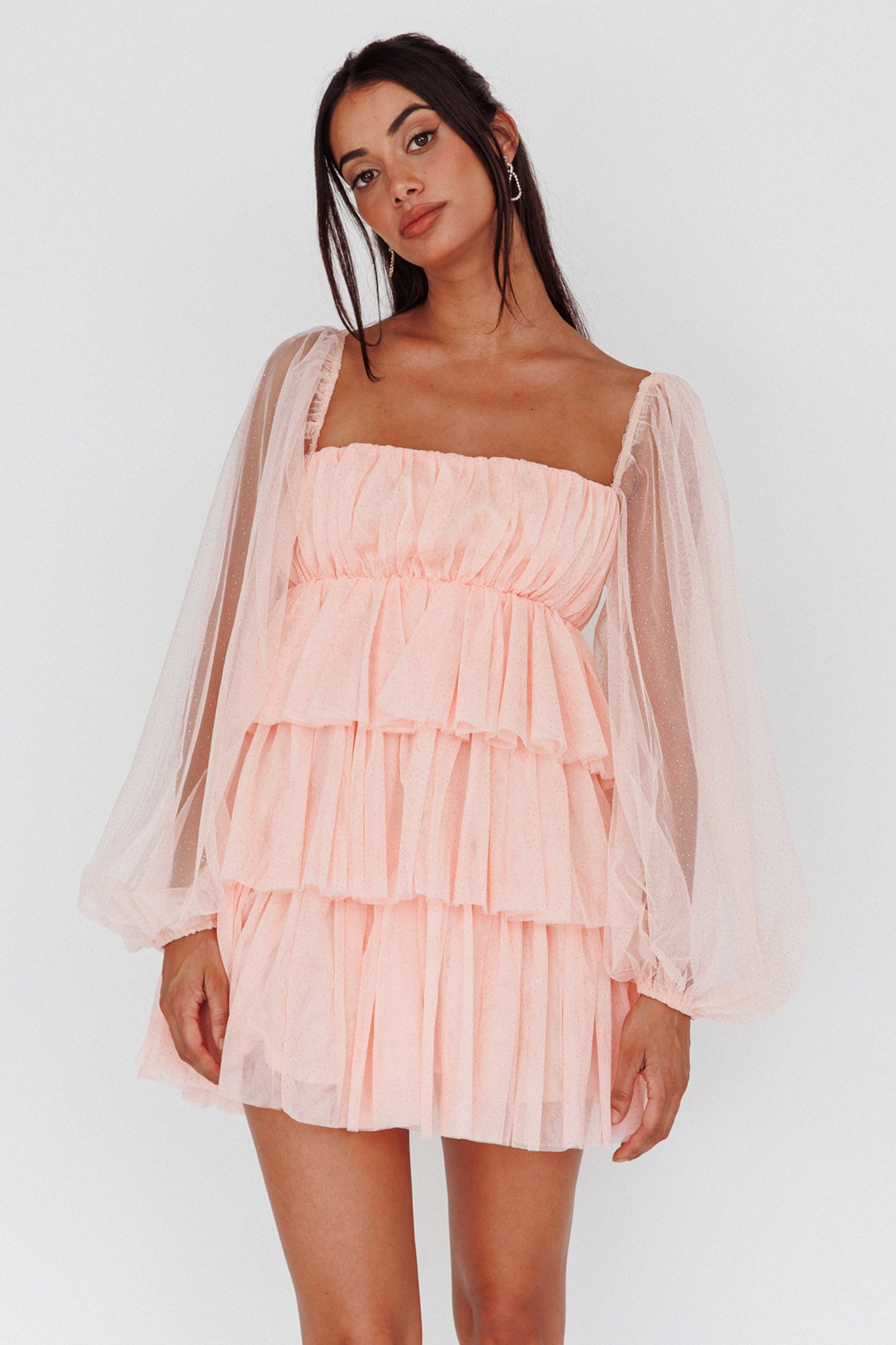 Spring Morning Long Sleeve Tiered Mini Dress Pink by Selfie Leslie