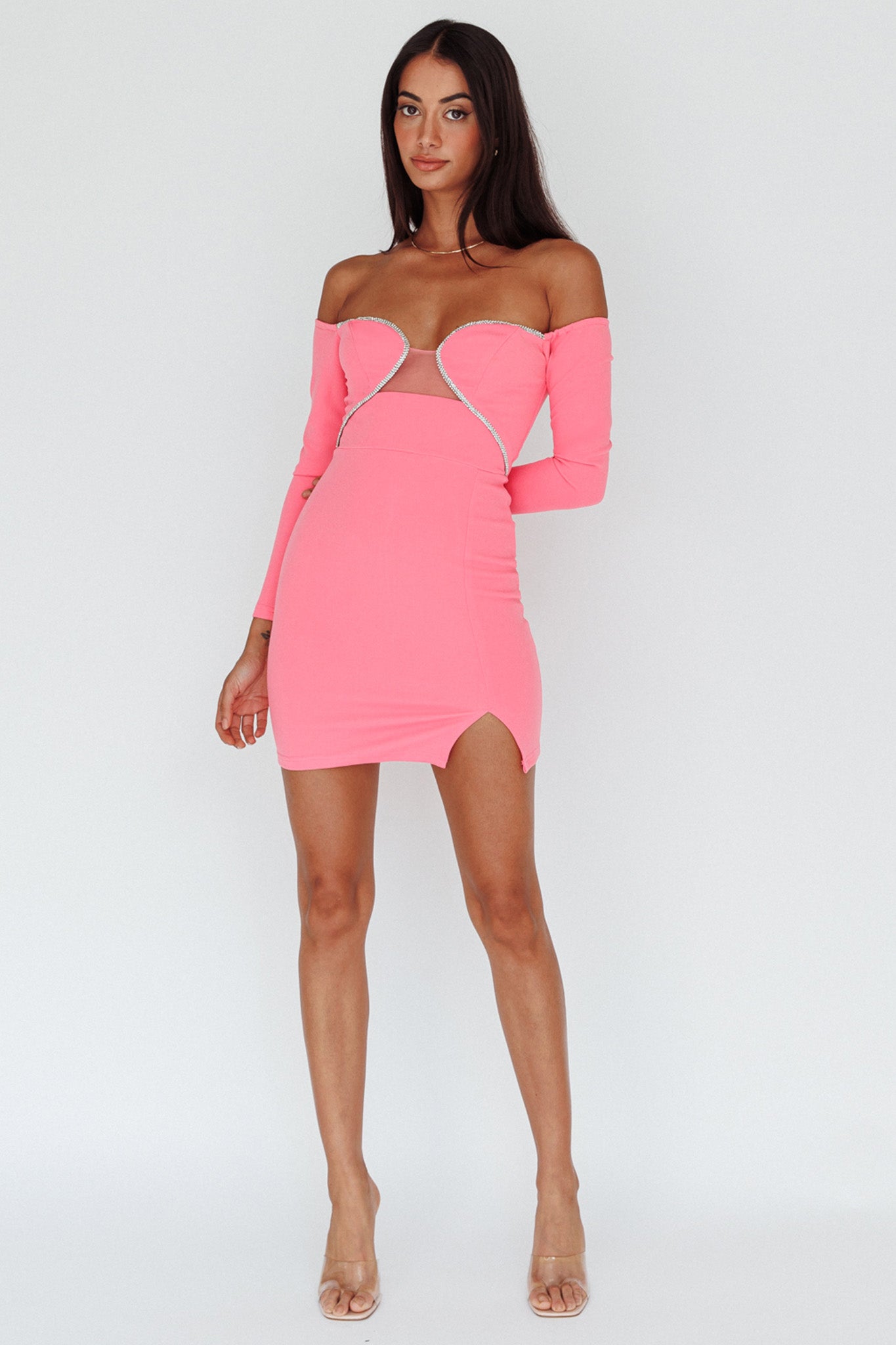 A-List Diamante Trim Long Sleeve Mini Dress Hot Pink by Selfie Leslie