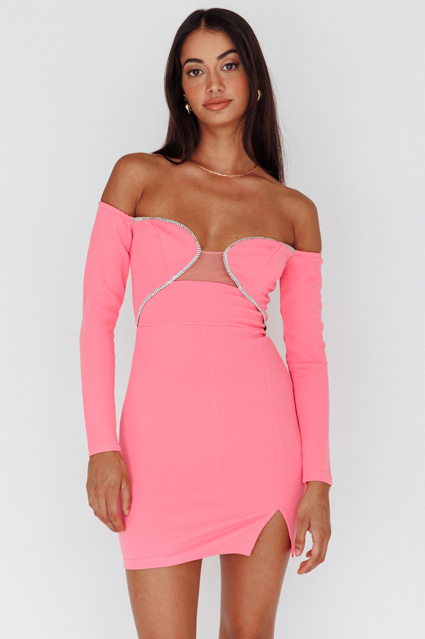 A-List Diamante Trim Long Sleeve Mini Dress Hot Pink - M A-List Diamante Trim Long Sleeve Mini Dress Hot Pink - M