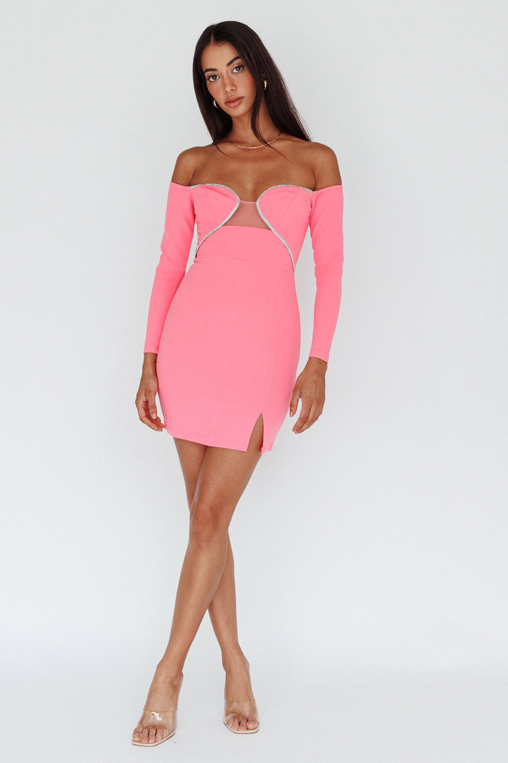 A-List Diamante Trim Long Sleeve Mini Dress Hot Pink by Selfie Leslie