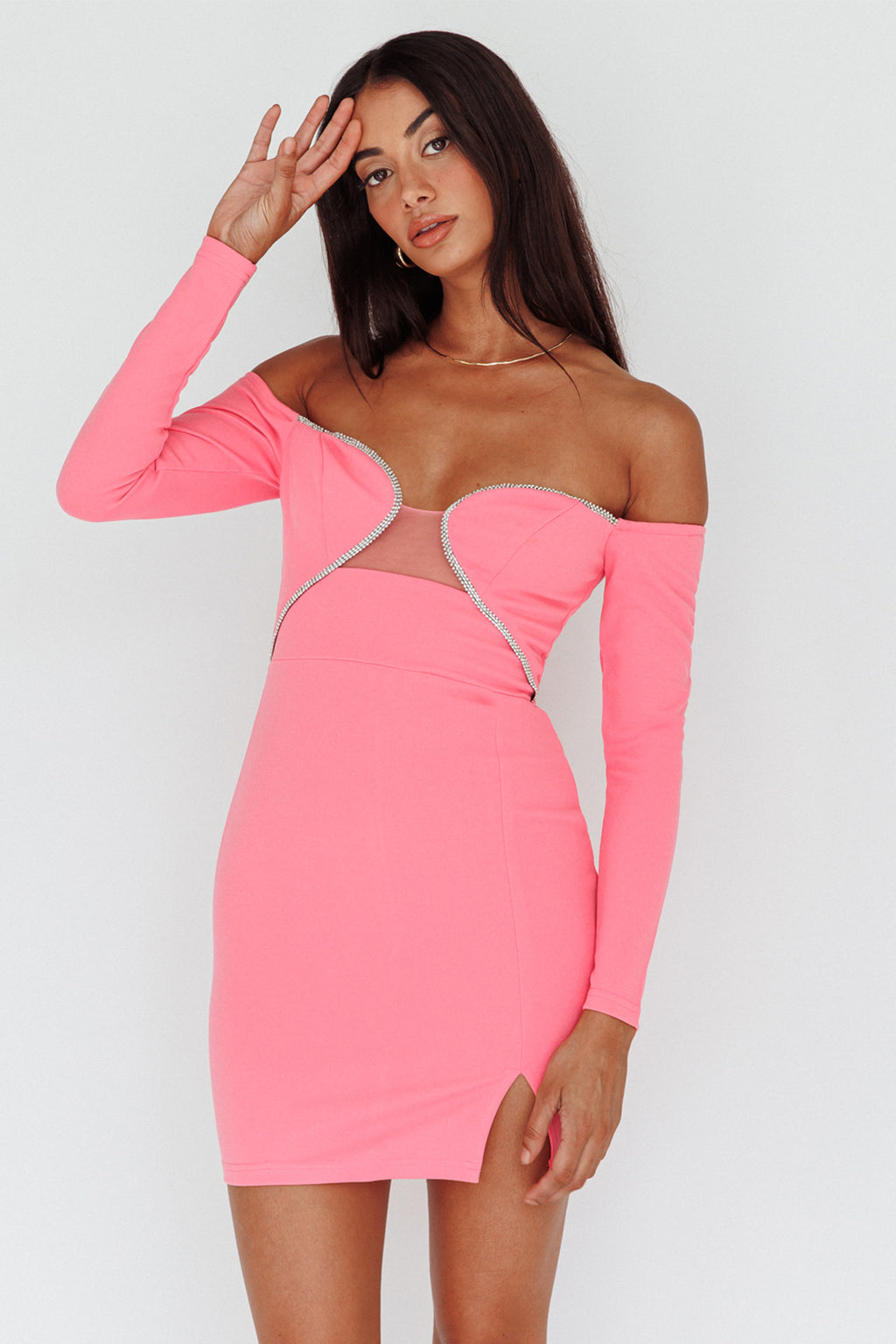 A-List Diamante Trim Long Sleeve Mini Dress Hot Pink by Selfie Leslie
