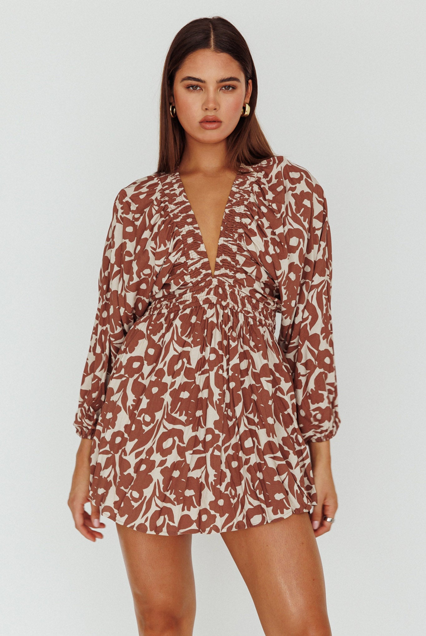 Going Your Way Long Sleeve Mini Dress Floral Brown by Selfie Leslie