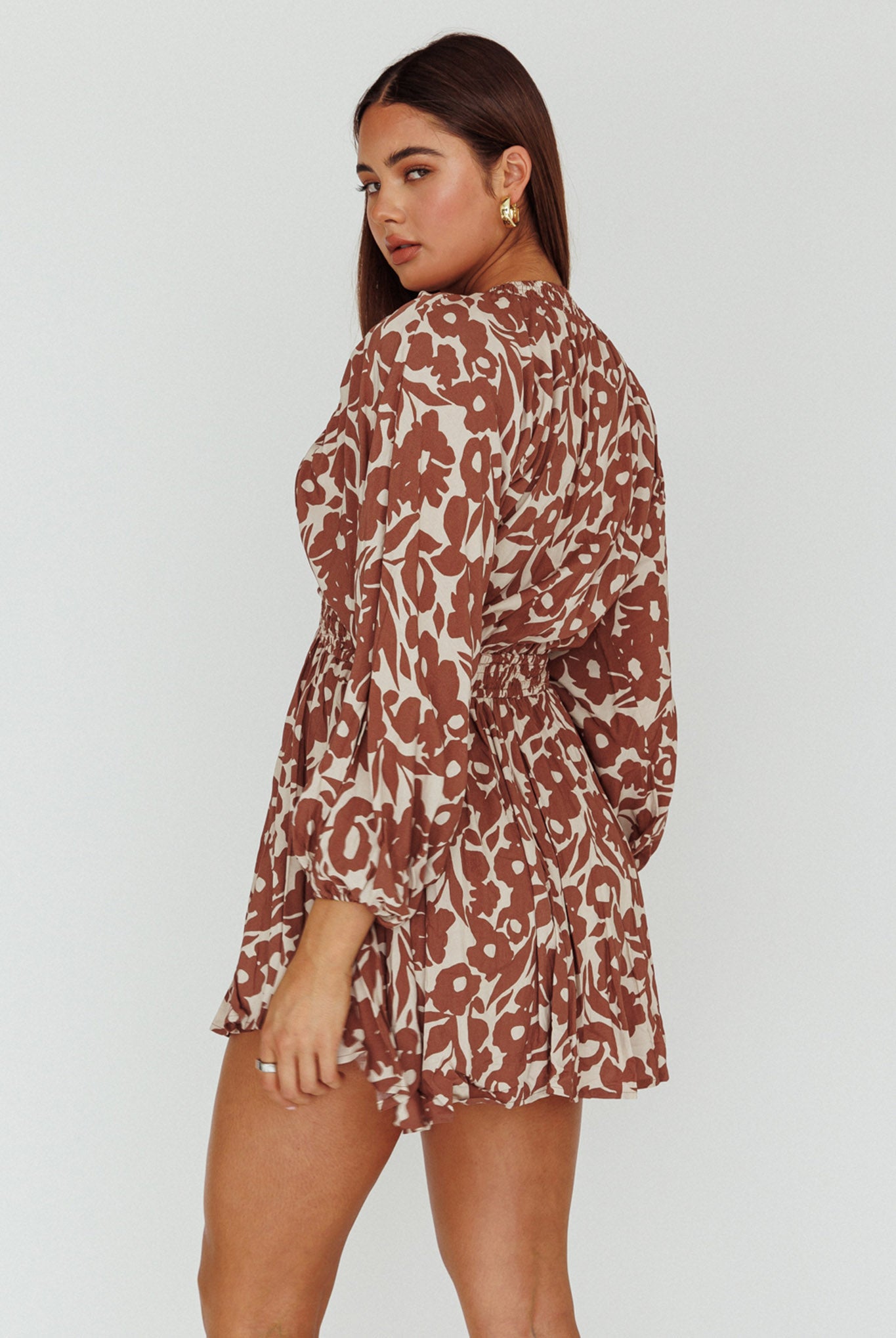 Going Your Way Long Sleeve Mini Dress Floral Brown by Selfie Leslie