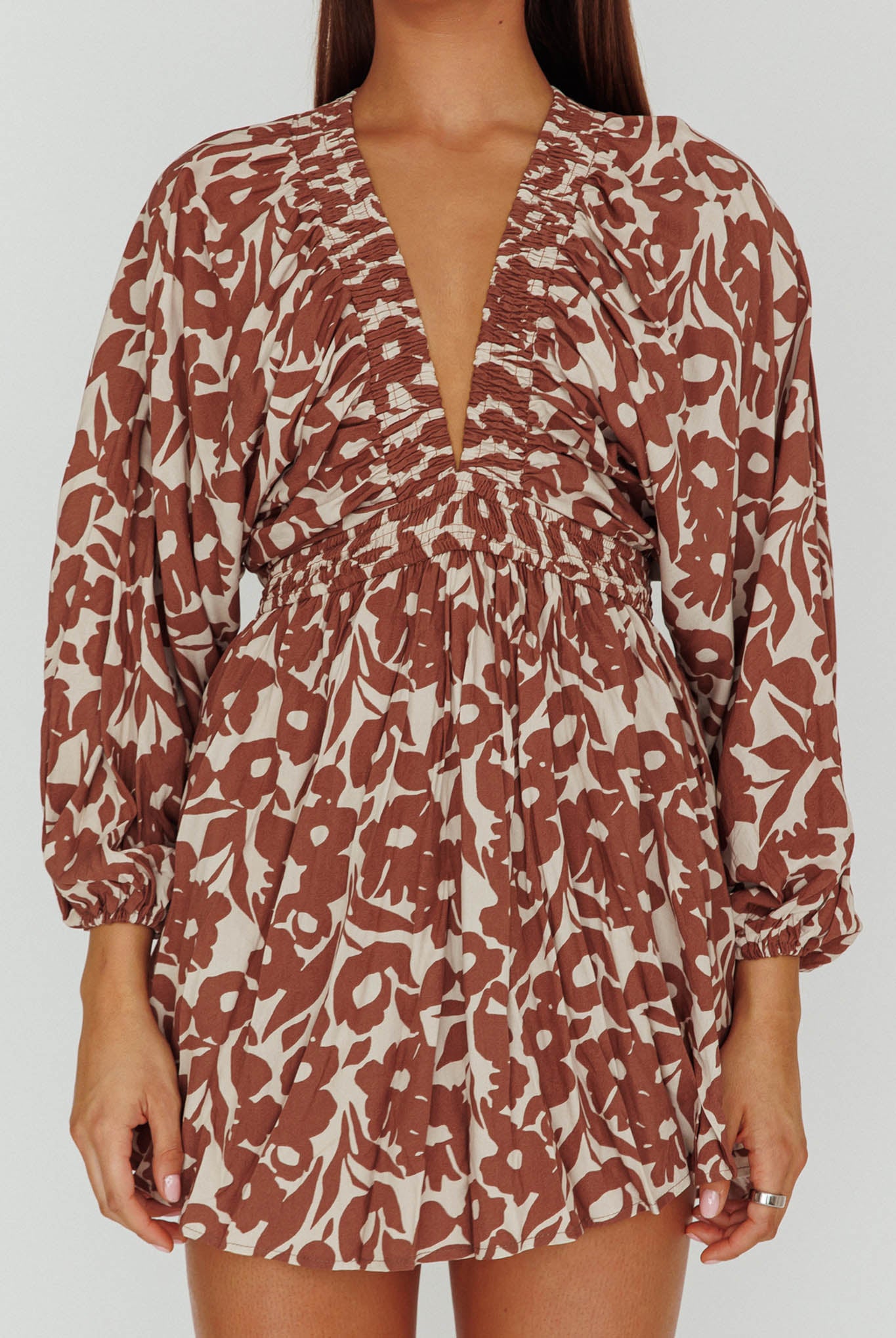 Going Your Way Long Sleeve Mini Dress Floral Brown by Selfie Leslie