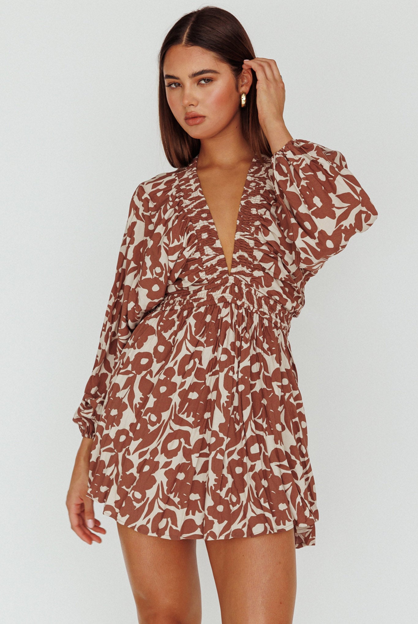 Going Your Way Long Sleeve Mini Dress Floral Brown by Selfie Leslie