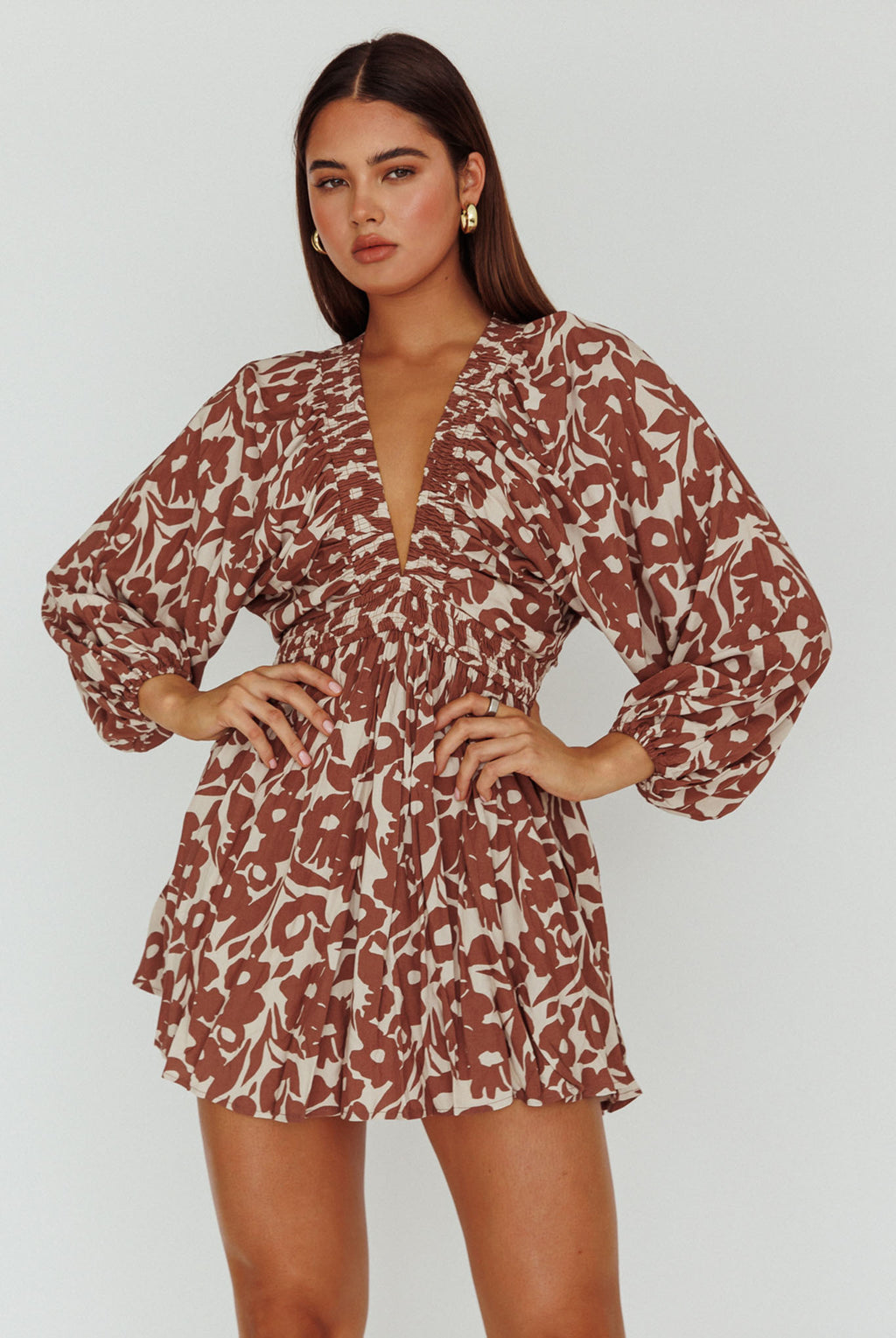 Going Your Way Long Sleeve Mini Dress Floral Brown by Selfie Leslie