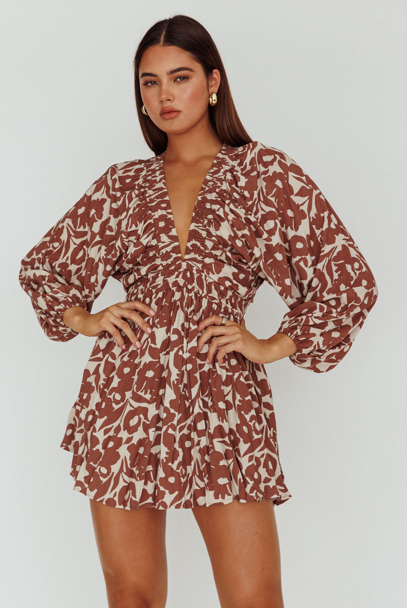 Going Your Way Long Sleeve Mini Dress Floral Brown by Selfie Leslie