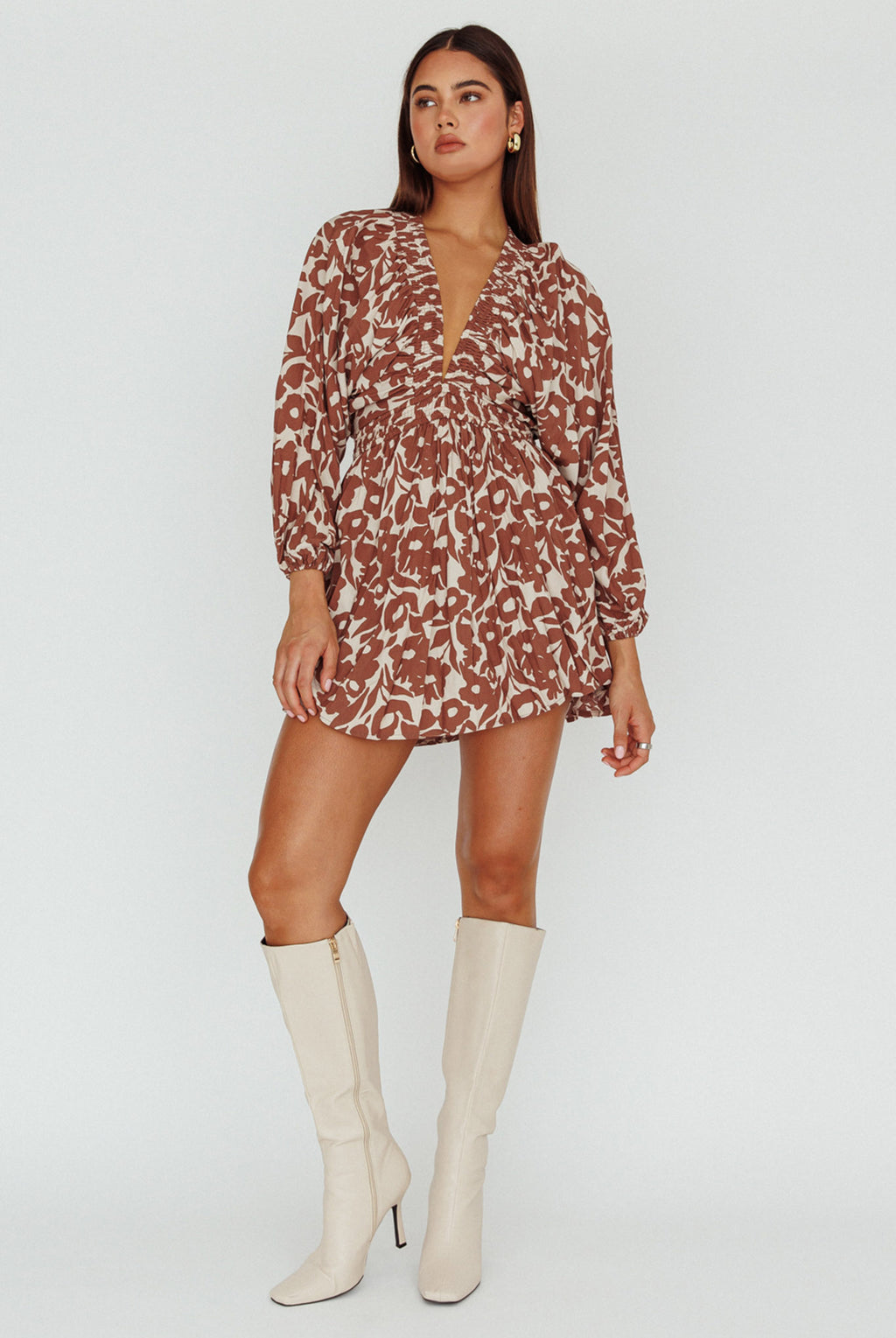 Going Your Way Long Sleeve Mini Dress Floral Brown by Selfie Leslie