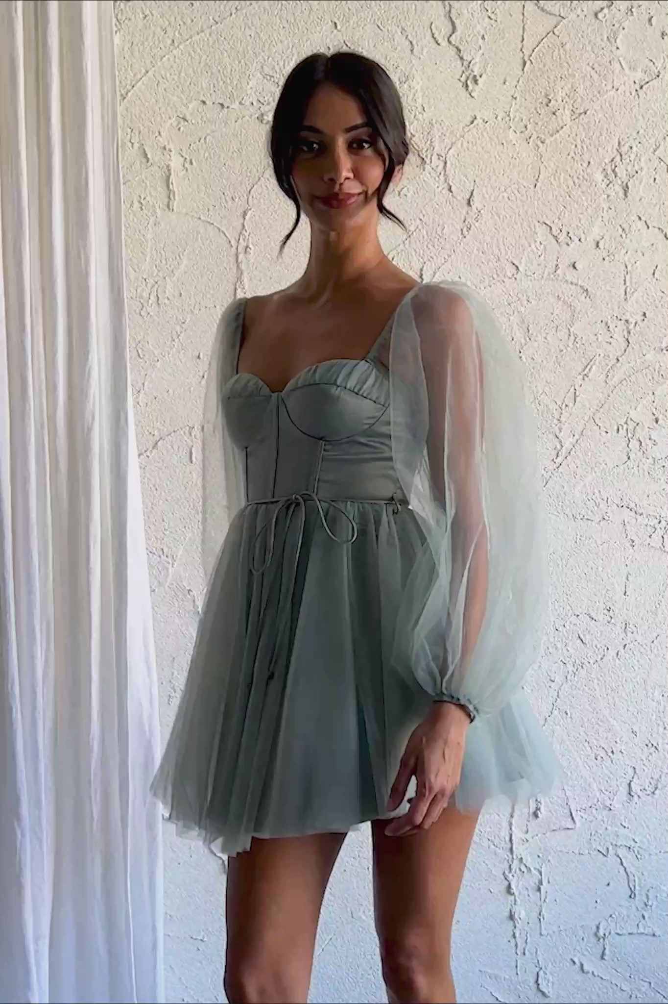 Fairytale Dream Sheer Sleeve Mini Dress Sage | Selfie Leslie
