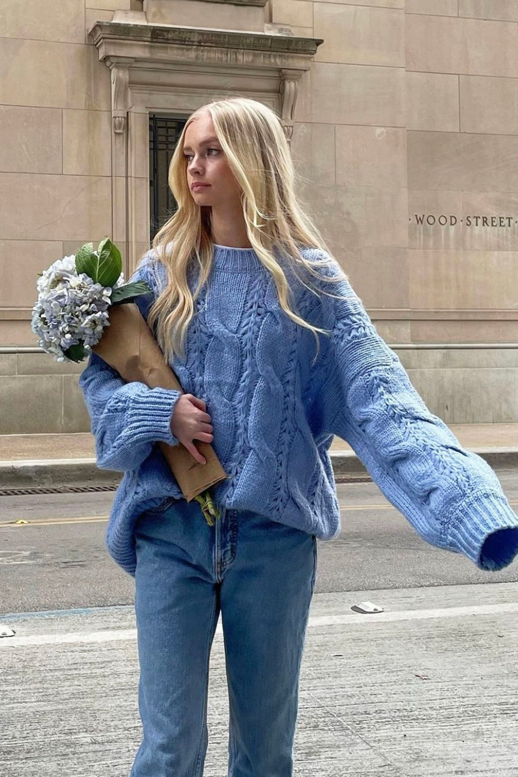 Nicola Long Sleeve Chunky Cable Knit Sweater Blue by Selfie Leslie