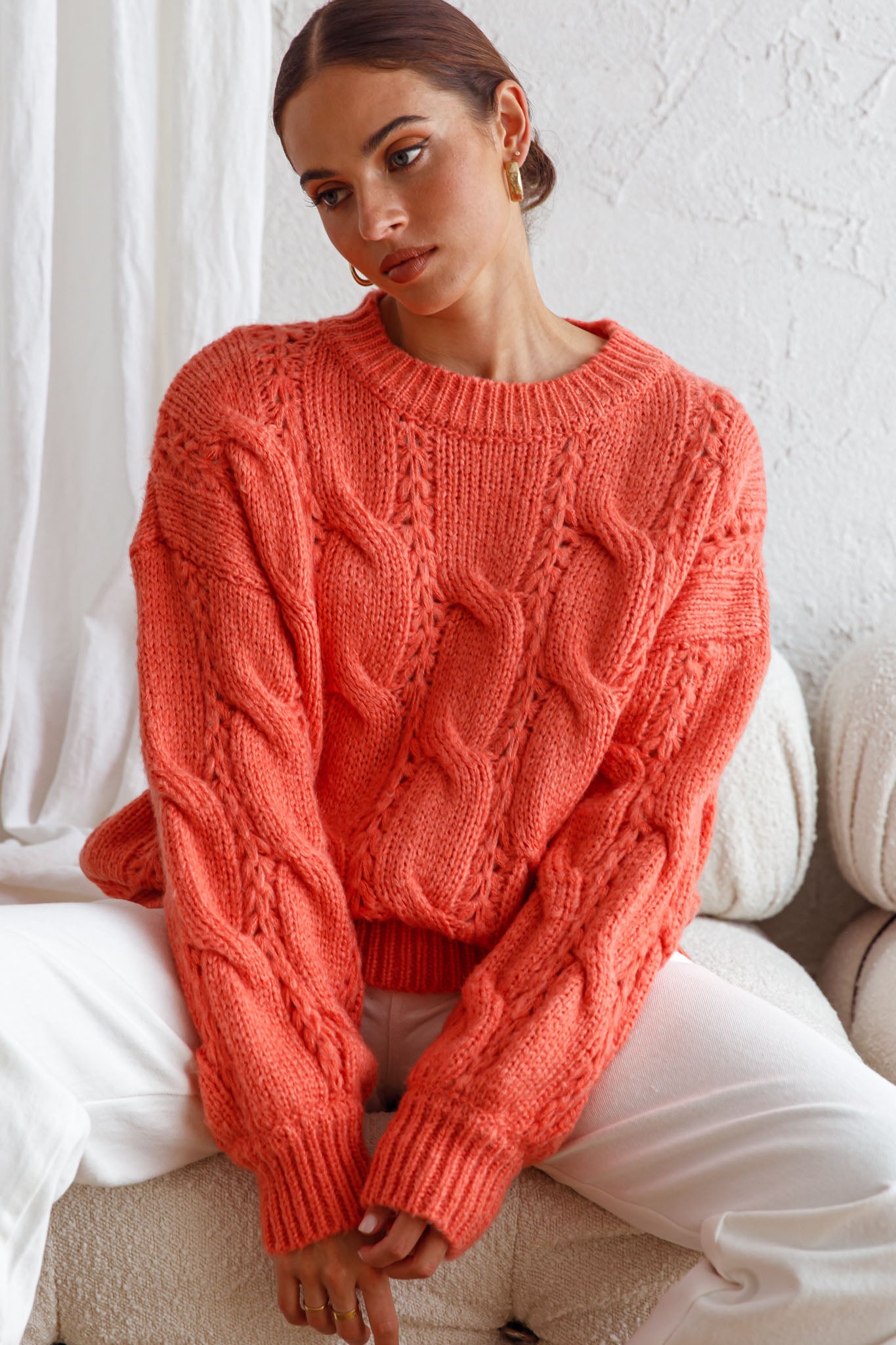 Nicola Long Sleeve Chunky Cable Knit Sweater Peach by Selfie Leslie