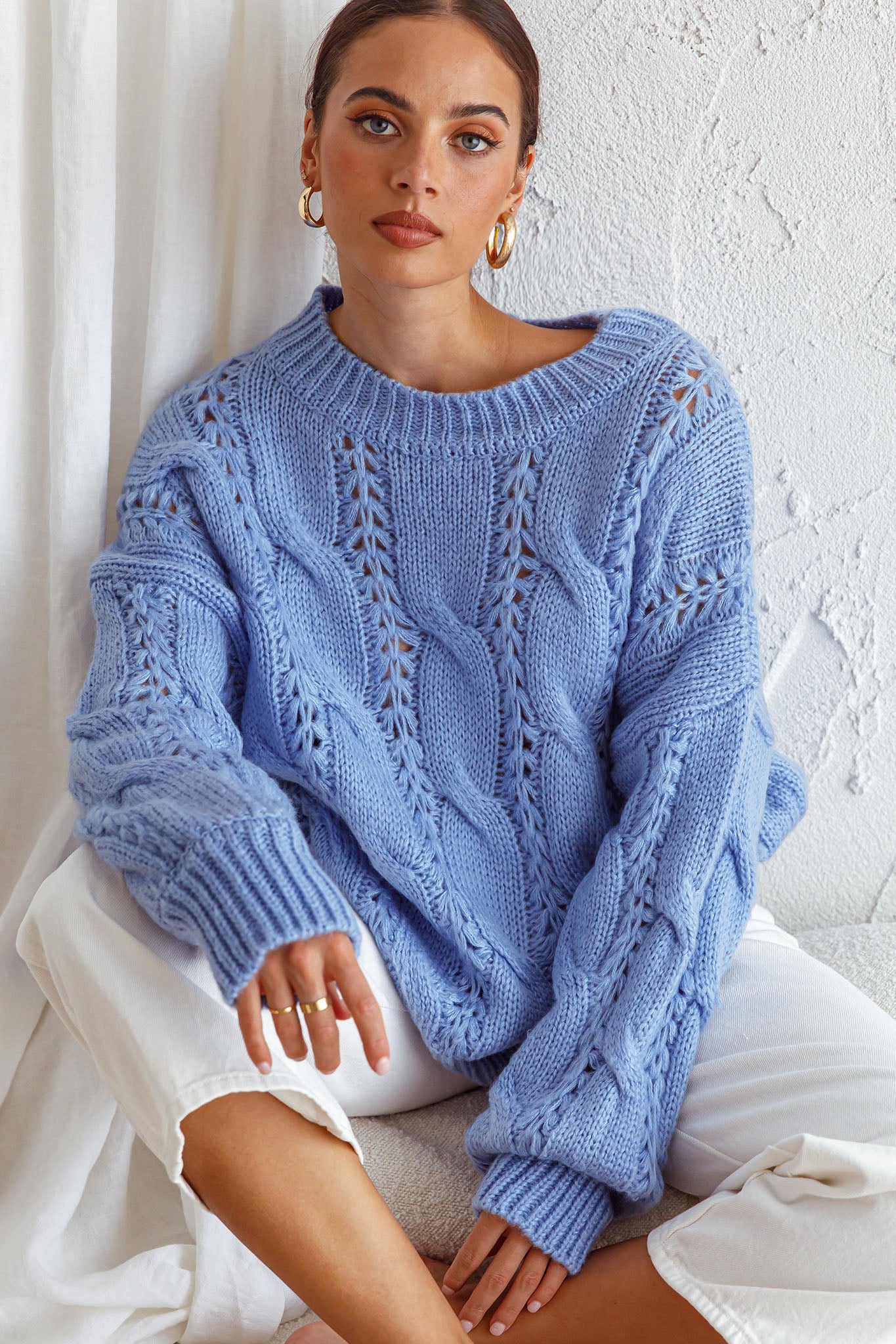 【今季】LE CIEL BLEU　Cable Knit Tops Nicola Long Sleeve Chunky Cable Knit Sweater Blue– Selfie Leslie