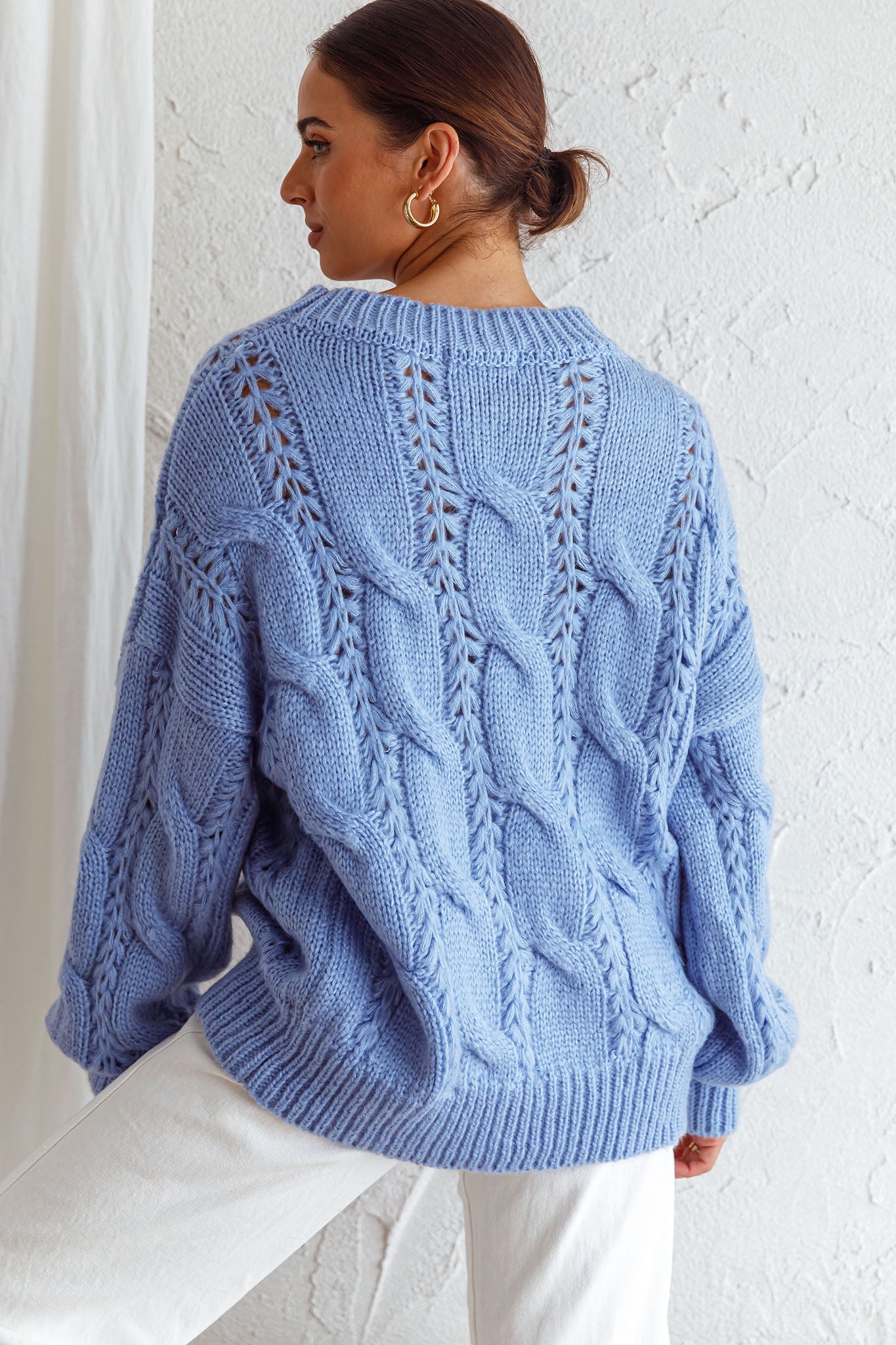 Nicola Long Sleeve Chunky Cable Knit Sweater Blue– Selfie Leslie