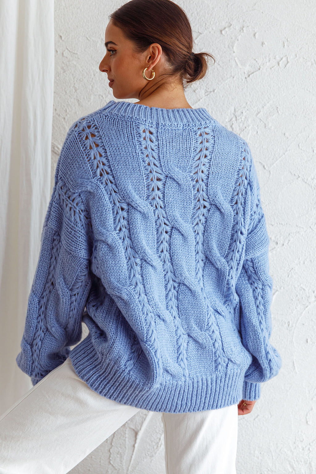 Nicola Long Sleeve Chunky Cable Knit Sweater Blue by Selfie Leslie