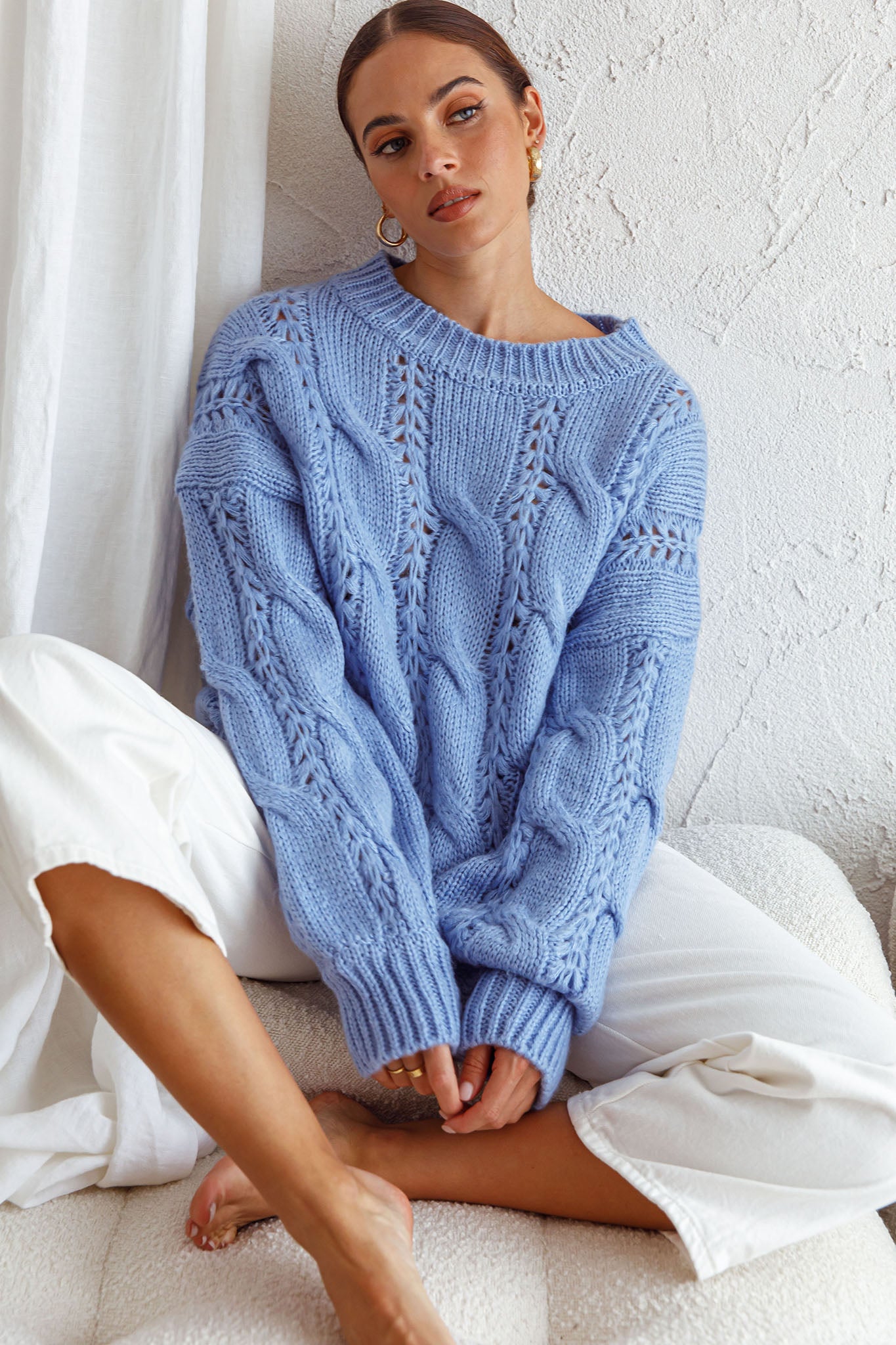 Nicola Long Sleeve Chunky Cable Knit Sweater Blue by Selfie Leslie