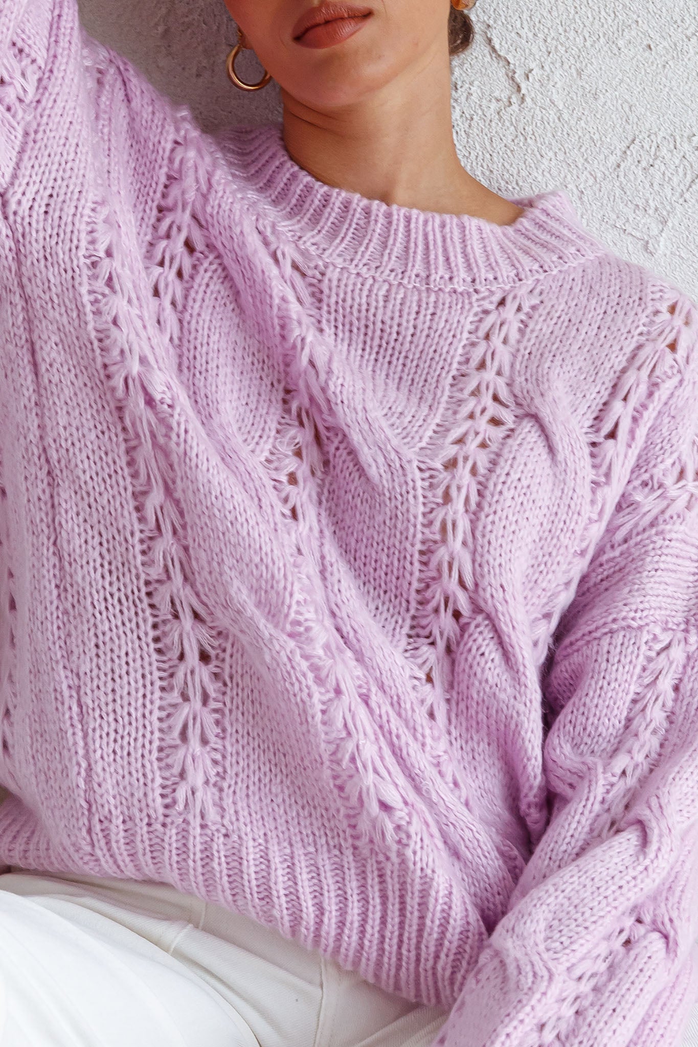 Nicola Long Sleeve Chunky Cable Knit Sweater Lilac by Selfie Leslie