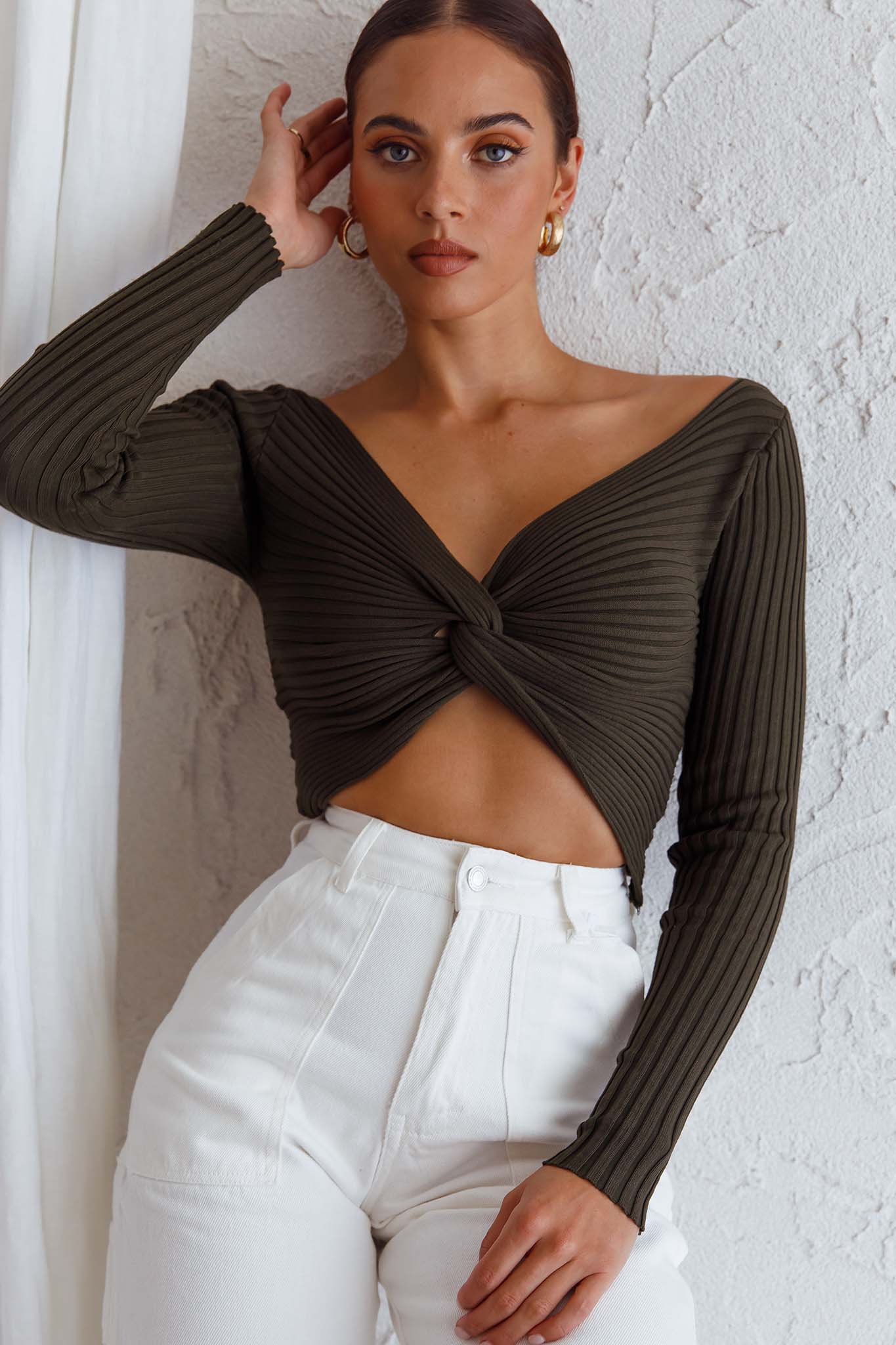 Dream Weaver Long Sleeve Twist Bust Crop Top Forest Green by Selfie Leslie
