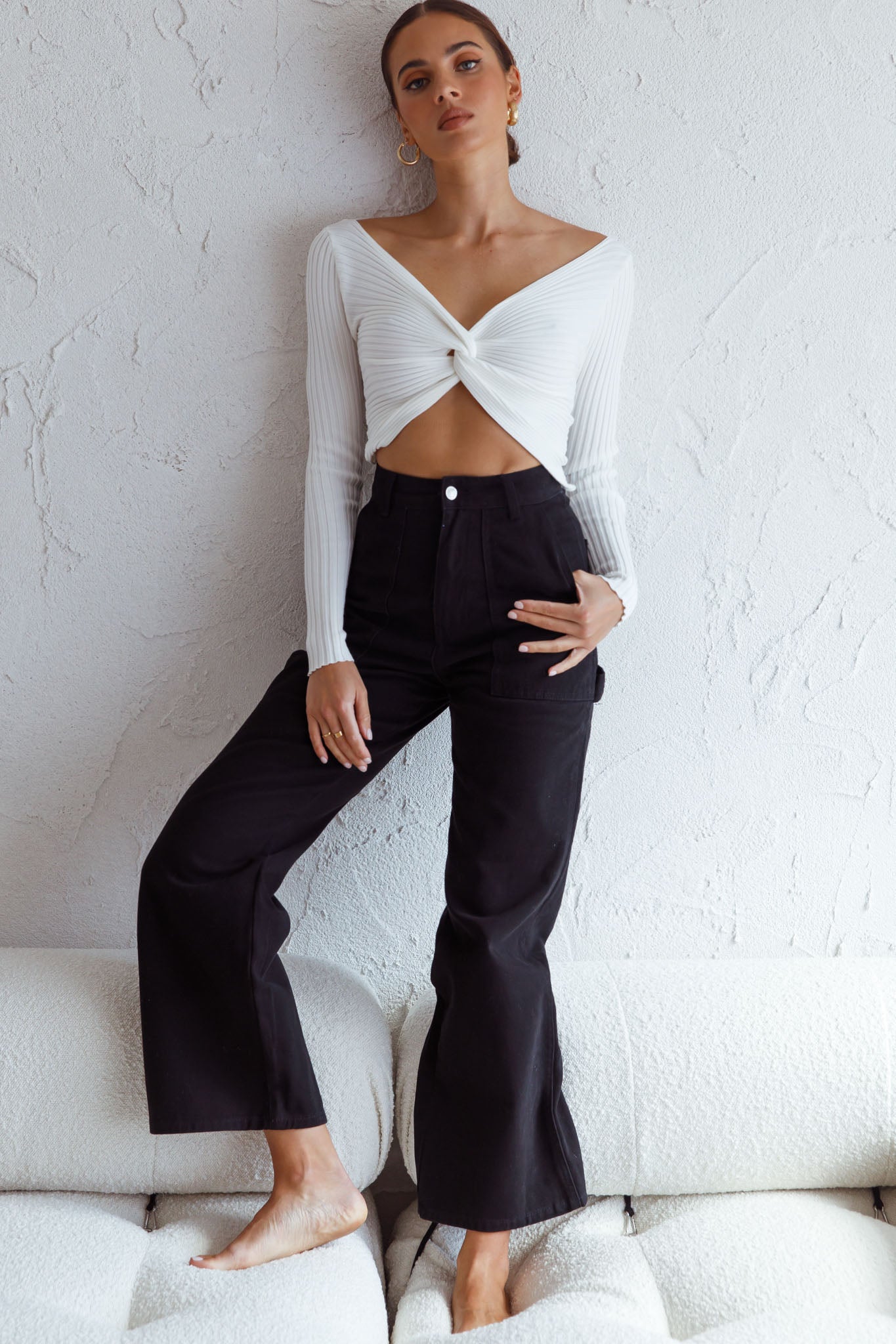 Dream Weaver Long Sleeve Twist Bust Crop Top White by Selfie Leslie