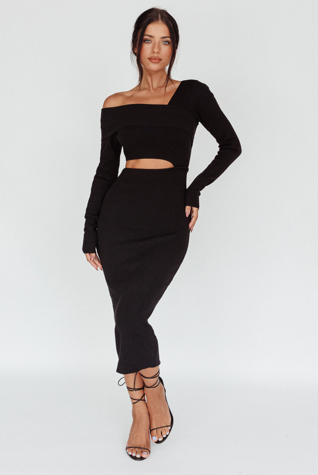 Tamar Long Sleeve One-Shoulder Midi Dress Black by Selfie Leslie